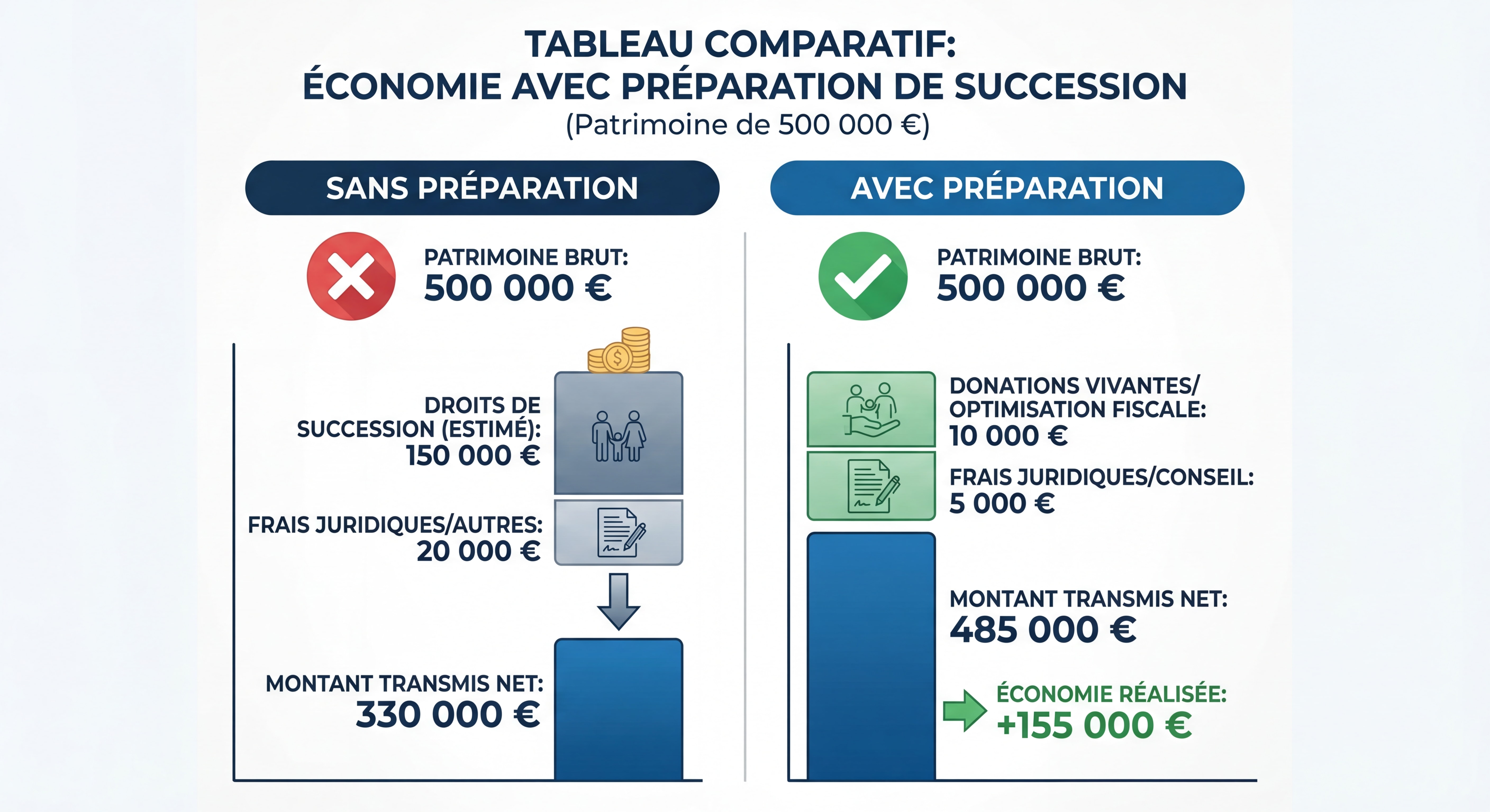 Tableau comparatif visuel montrant l'économie réalisée avec et sans préparation de succession pour un patrimoine de 500 000 euros