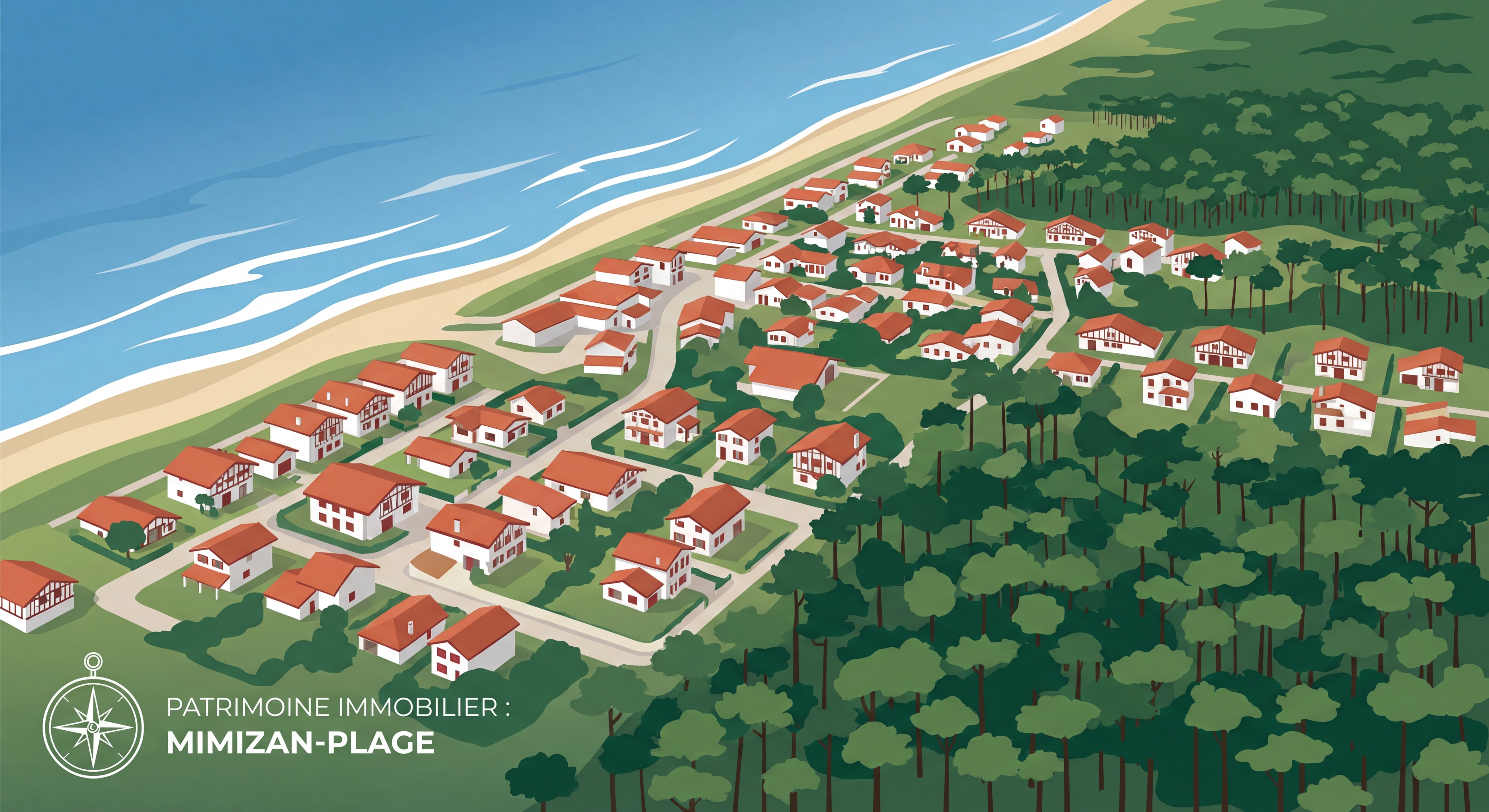 Vue aérienne panoramique de Mimizan-Plage avec l'océan Atlantique, la forêt landaise et les maisons typiques, illustrant le patrimoine immobilier à transmettre