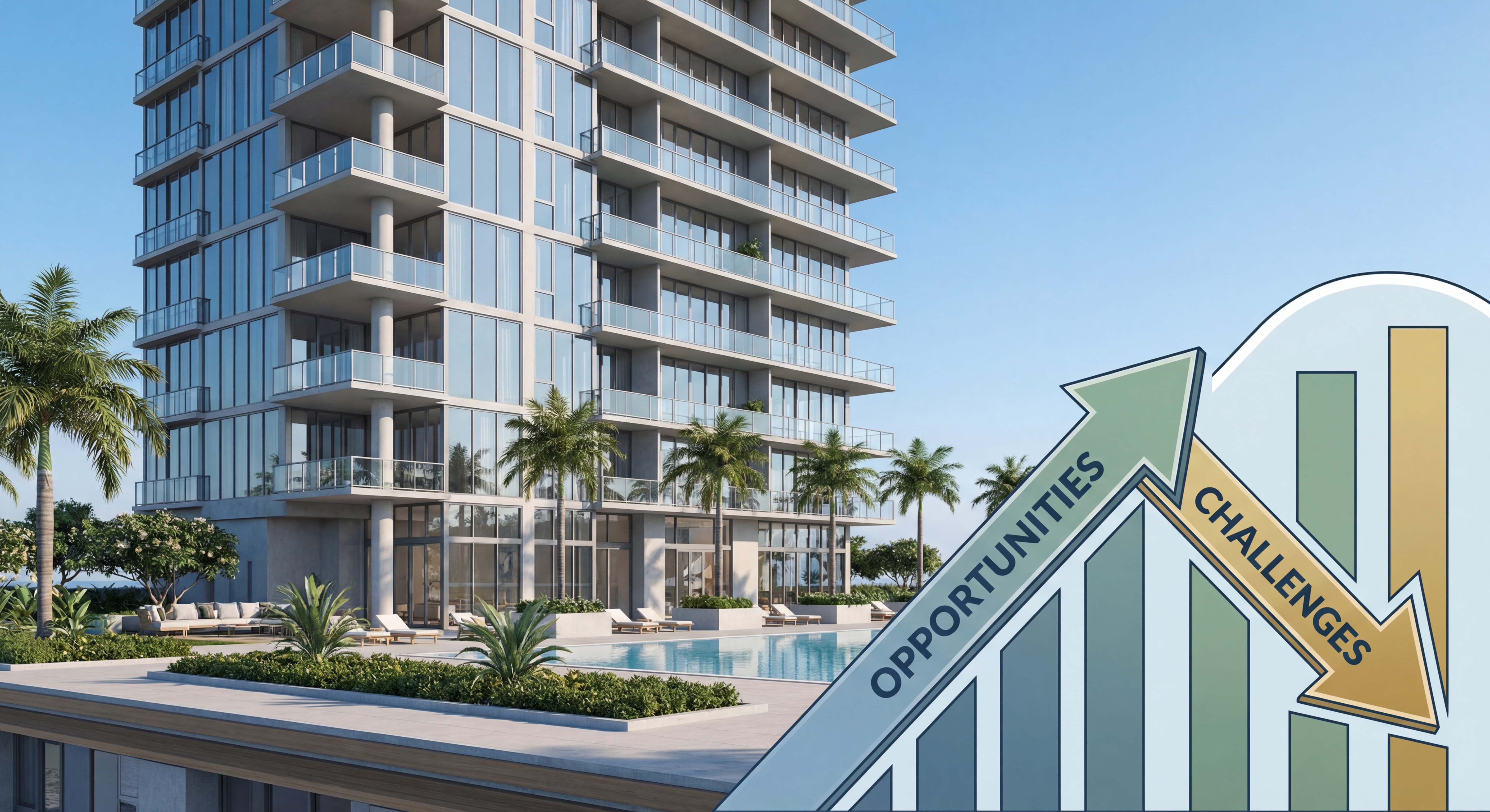 Modern South Florida condominium building with palm trees and pool area, representing the growing condo market challenges and opportunities