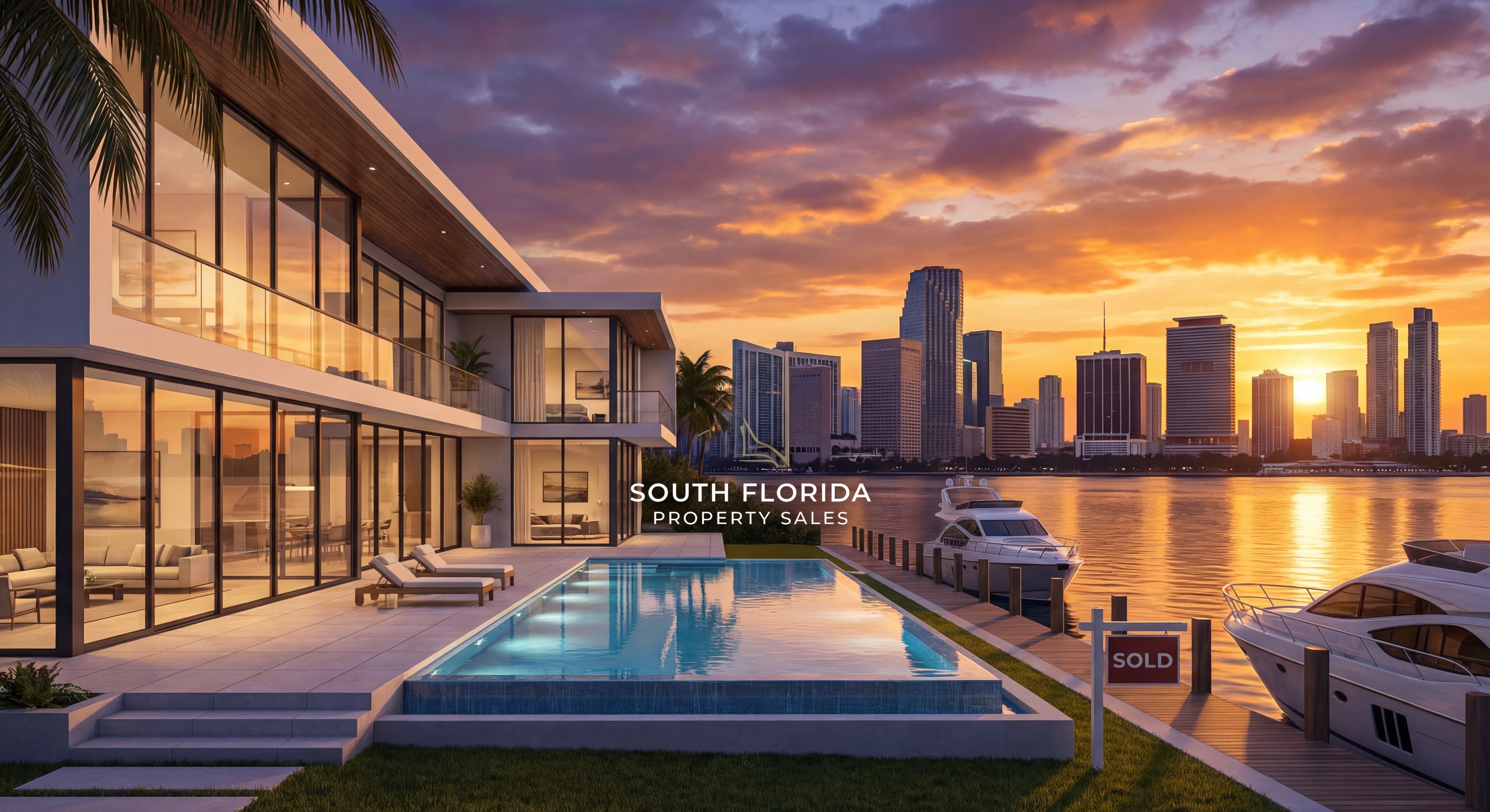 Luxury waterfront home with Miami skyline at sunset, representing successful South Florida property sales