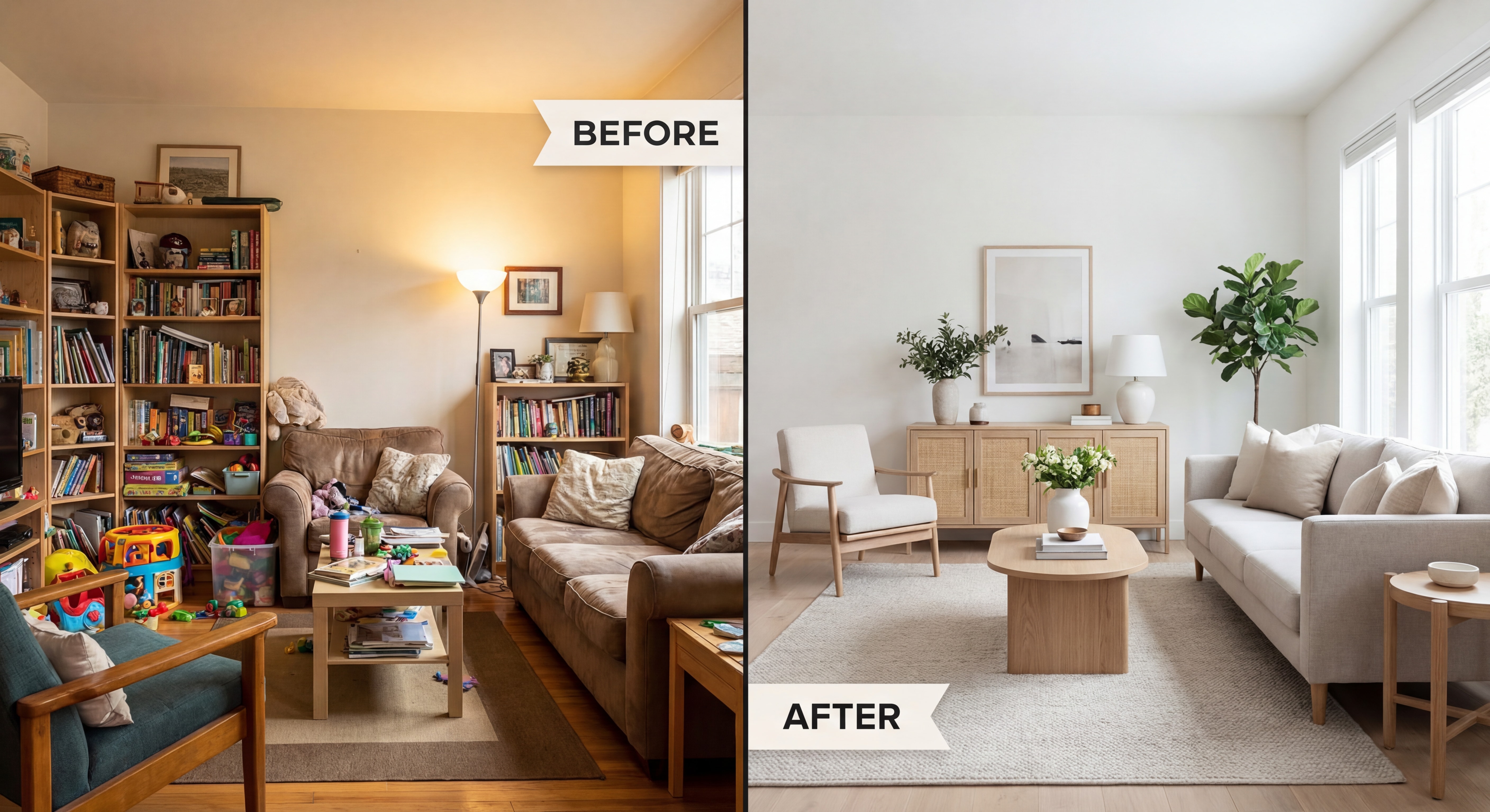 Before and after comparison of home staging showing transformation from cluttered to professionally staged living room