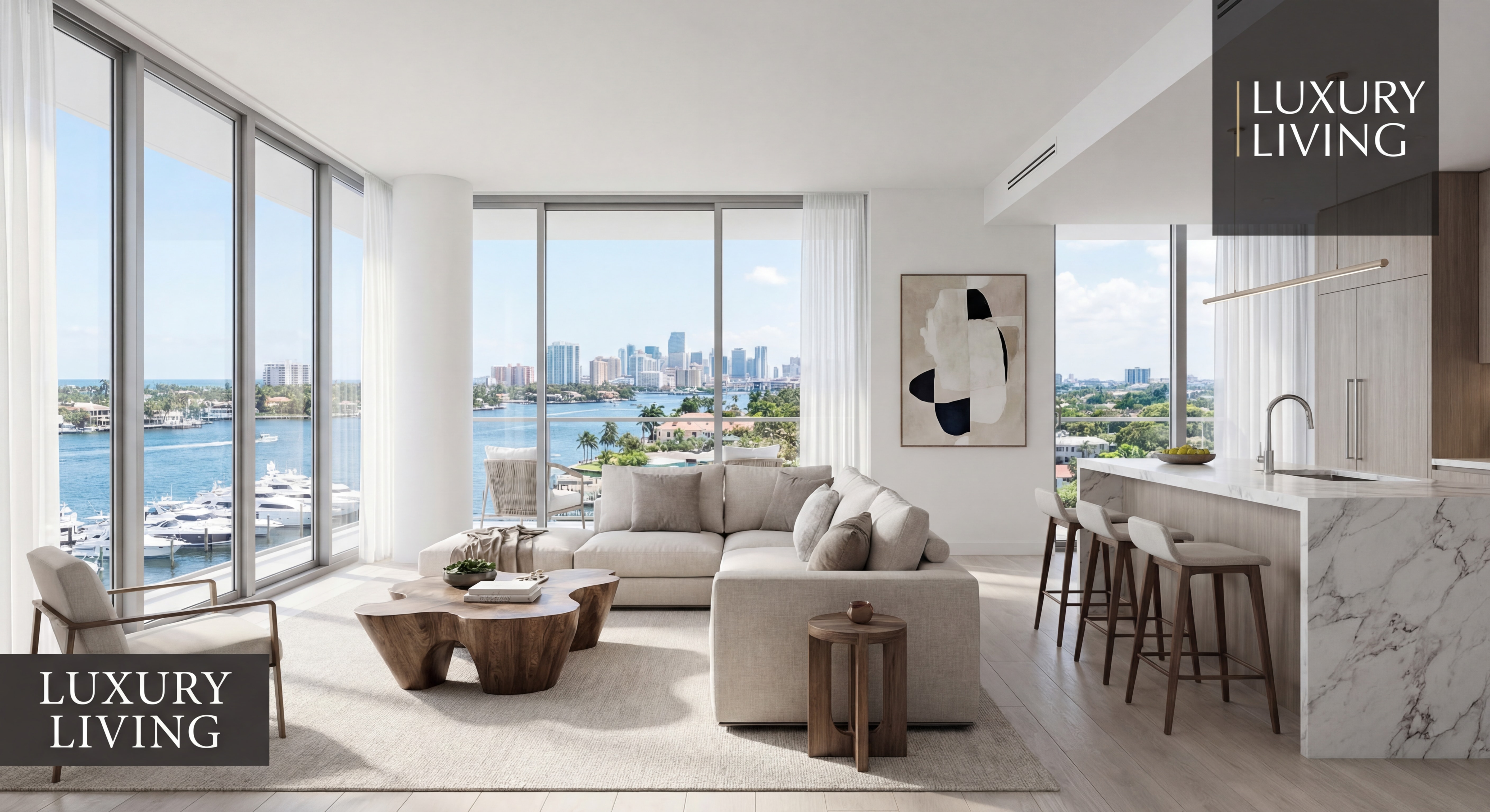 Modern Fort Lauderdale condo interior with waterfront views and contemporary furnishings