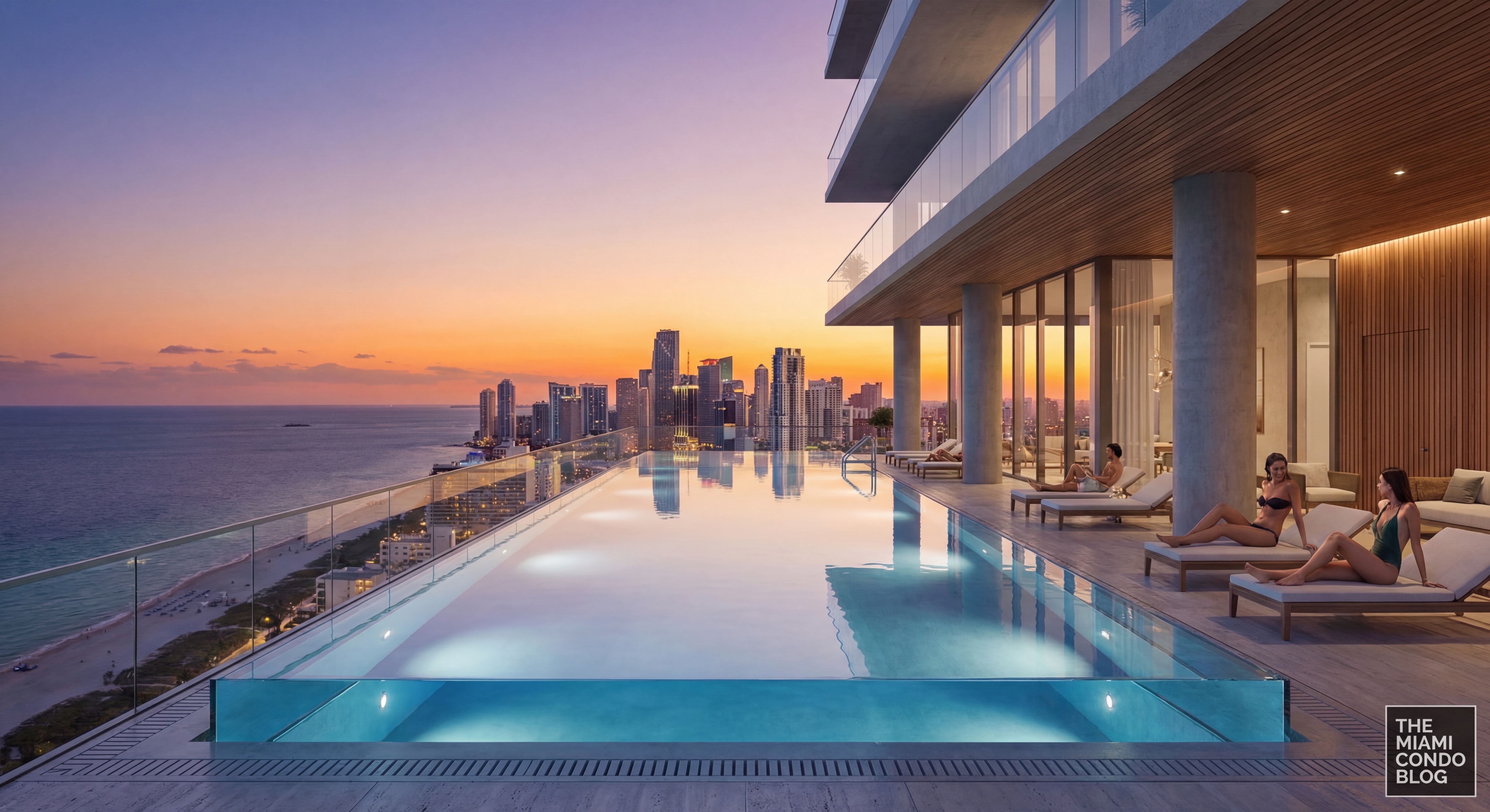 Rooftop infinity pool at luxury Miami condo with panoramic ocean and city views at twilight