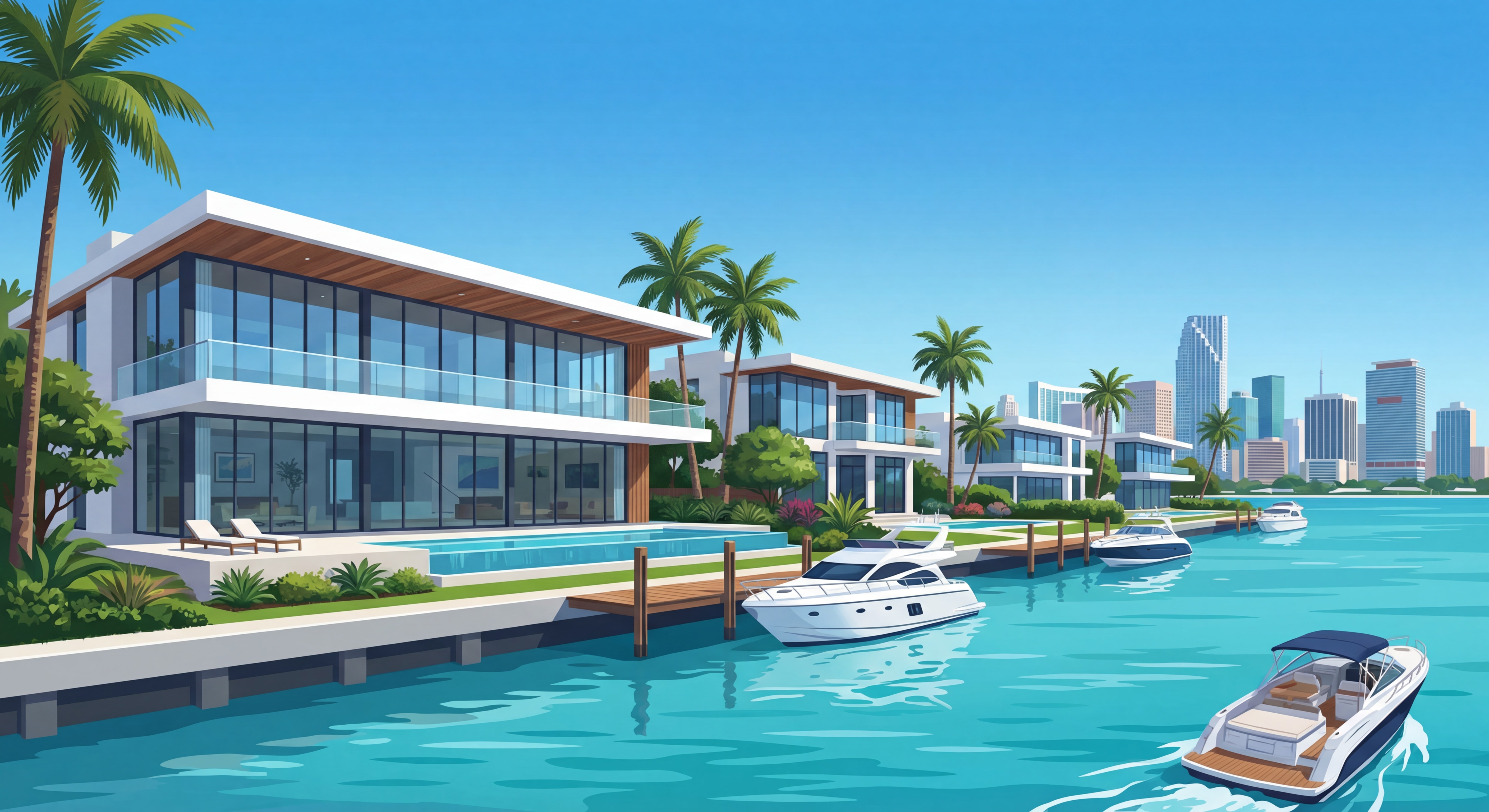Luxury waterfront mansions along Miami's exclusive Biscayne Bay with private docks and pristine views