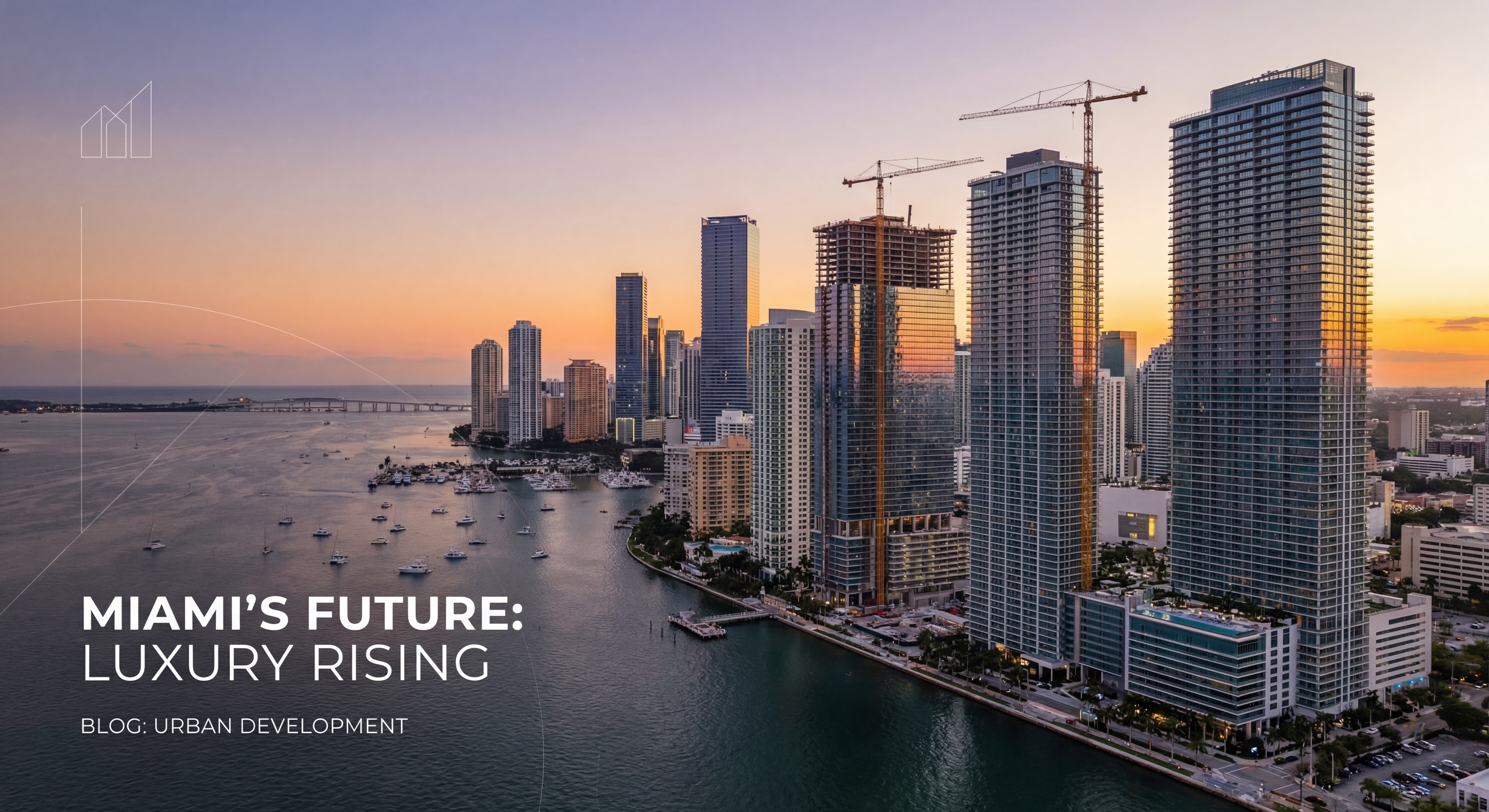 Aerial view of Miami's evolving skyline with new luxury construction towers rising along Biscayne Bay at sunset