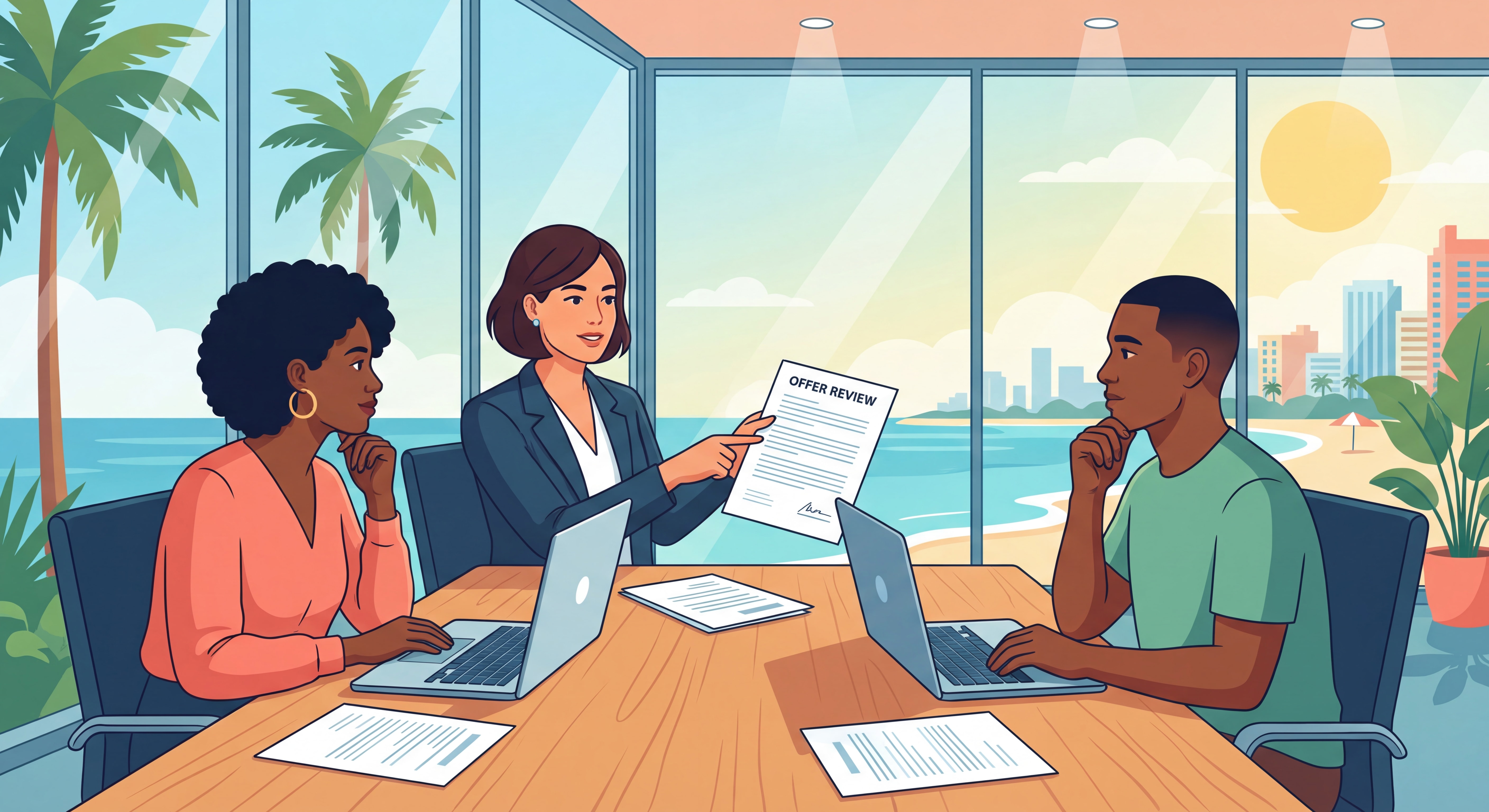 Professional real estate agent reviewing offer documents with South Florida home sellers discussing negotiation strategies