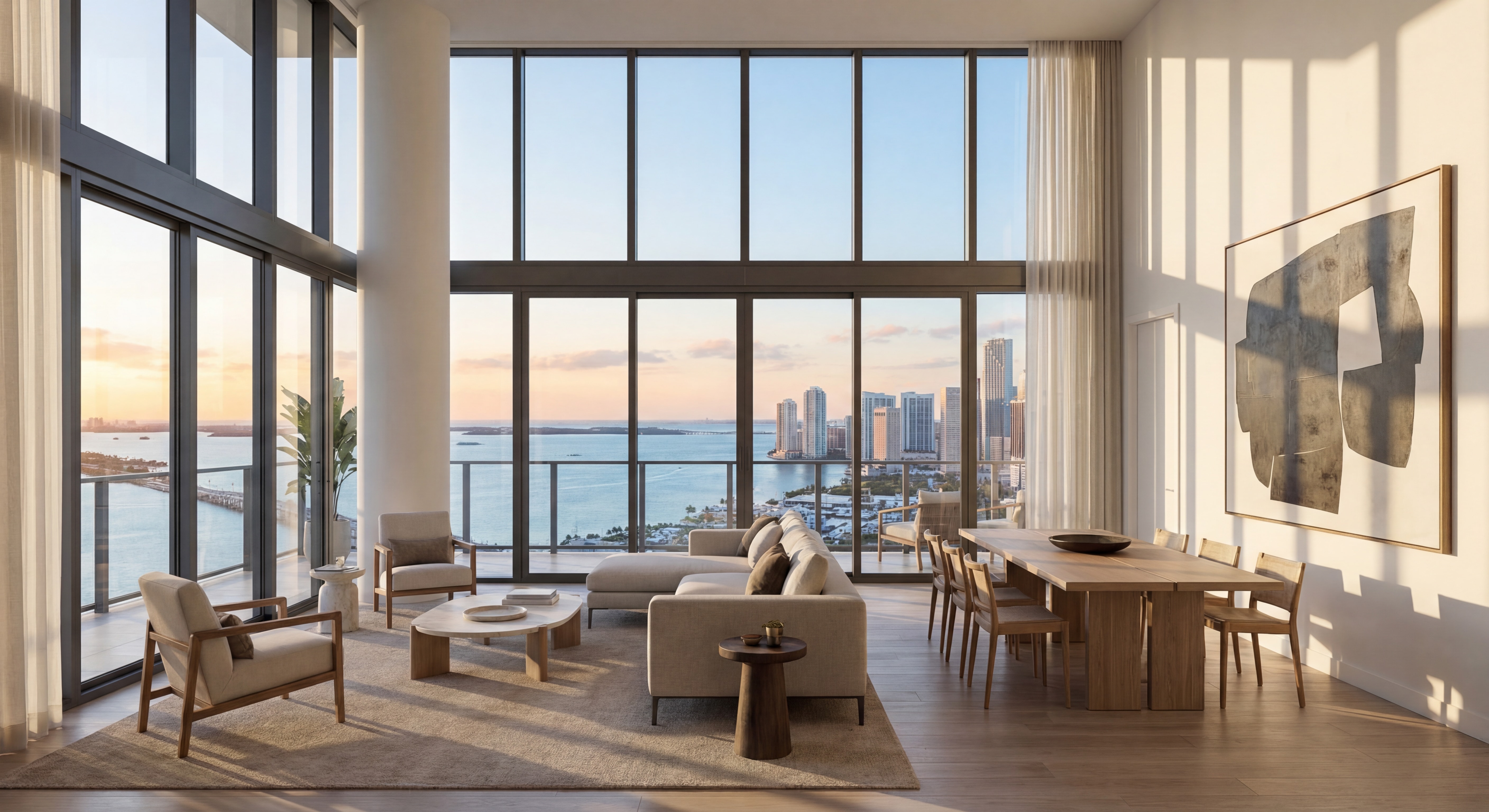 Modern luxury condo interior with floor-to-ceiling windows showcasing panoramic Biscayne Bay and Miami skyline views