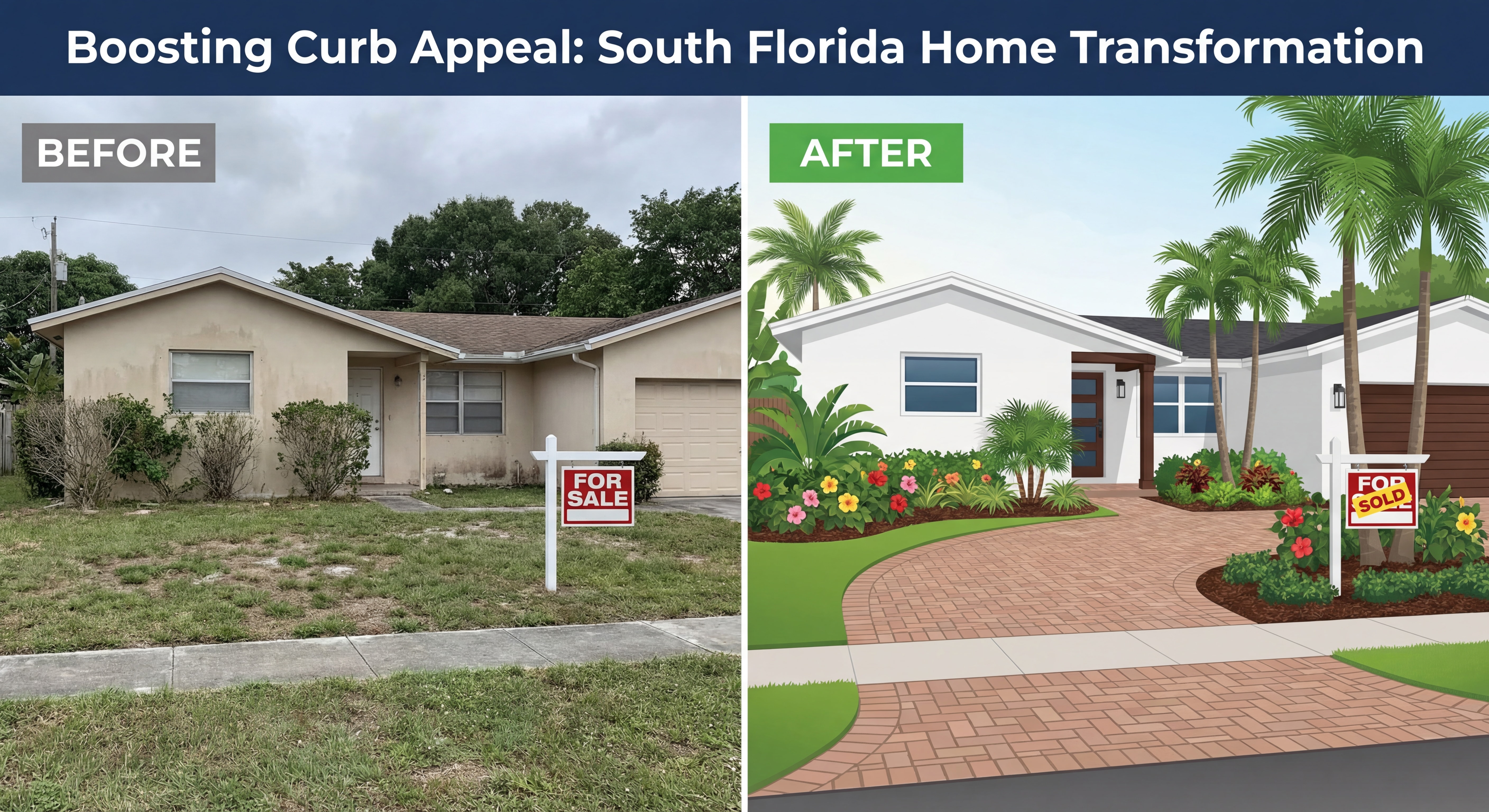 Before and after comparison of South Florida home exterior showing enhanced tropical landscaping and fresh paint for selling homes in Broward County