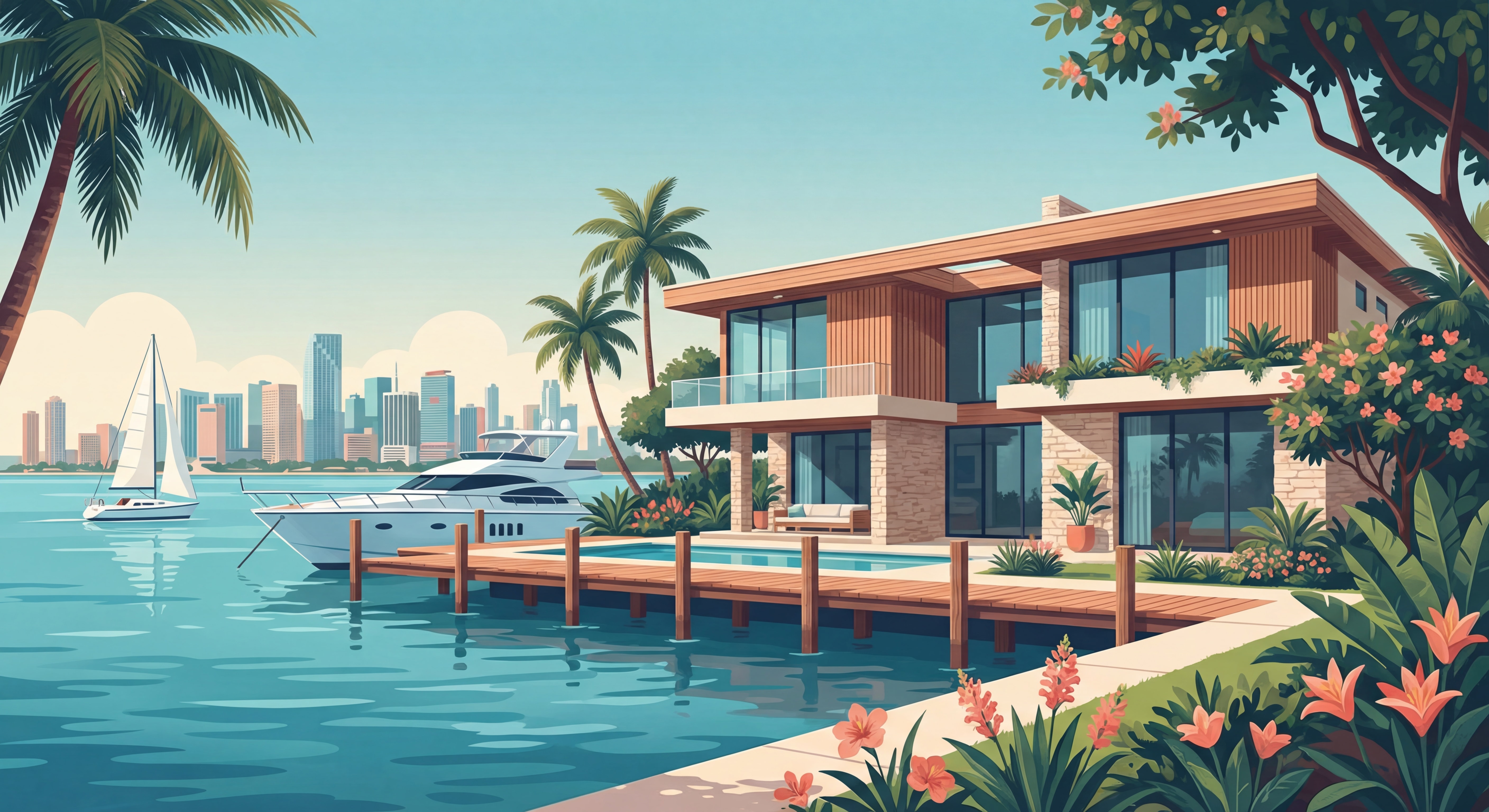 Luxurious waterfront estate in Coconut Grove with private dock and Biscayne Bay views