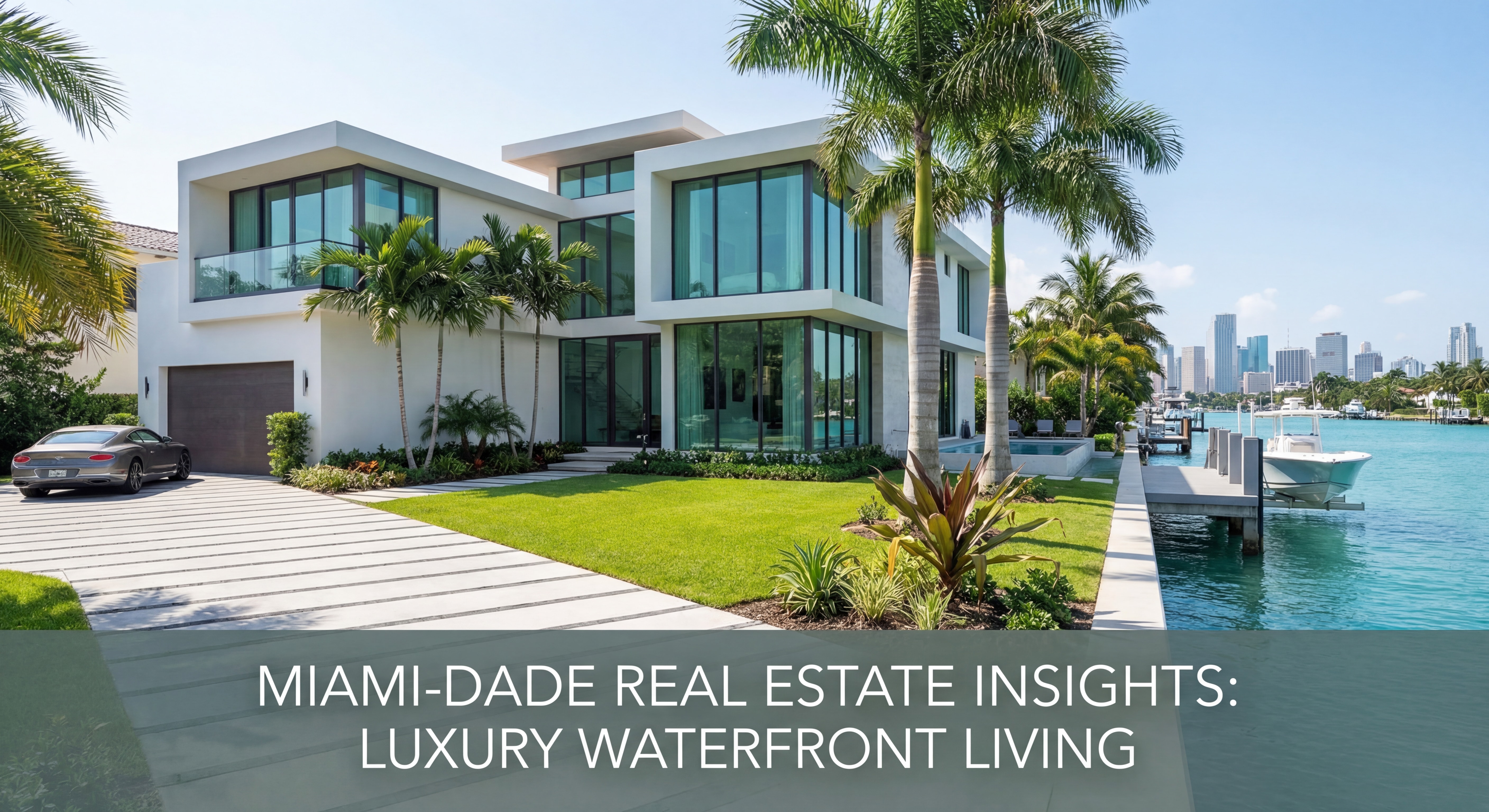 Professional South Florida waterfront property with manicured landscaping and modern curb appeal showcasing Miami-Dade real estate