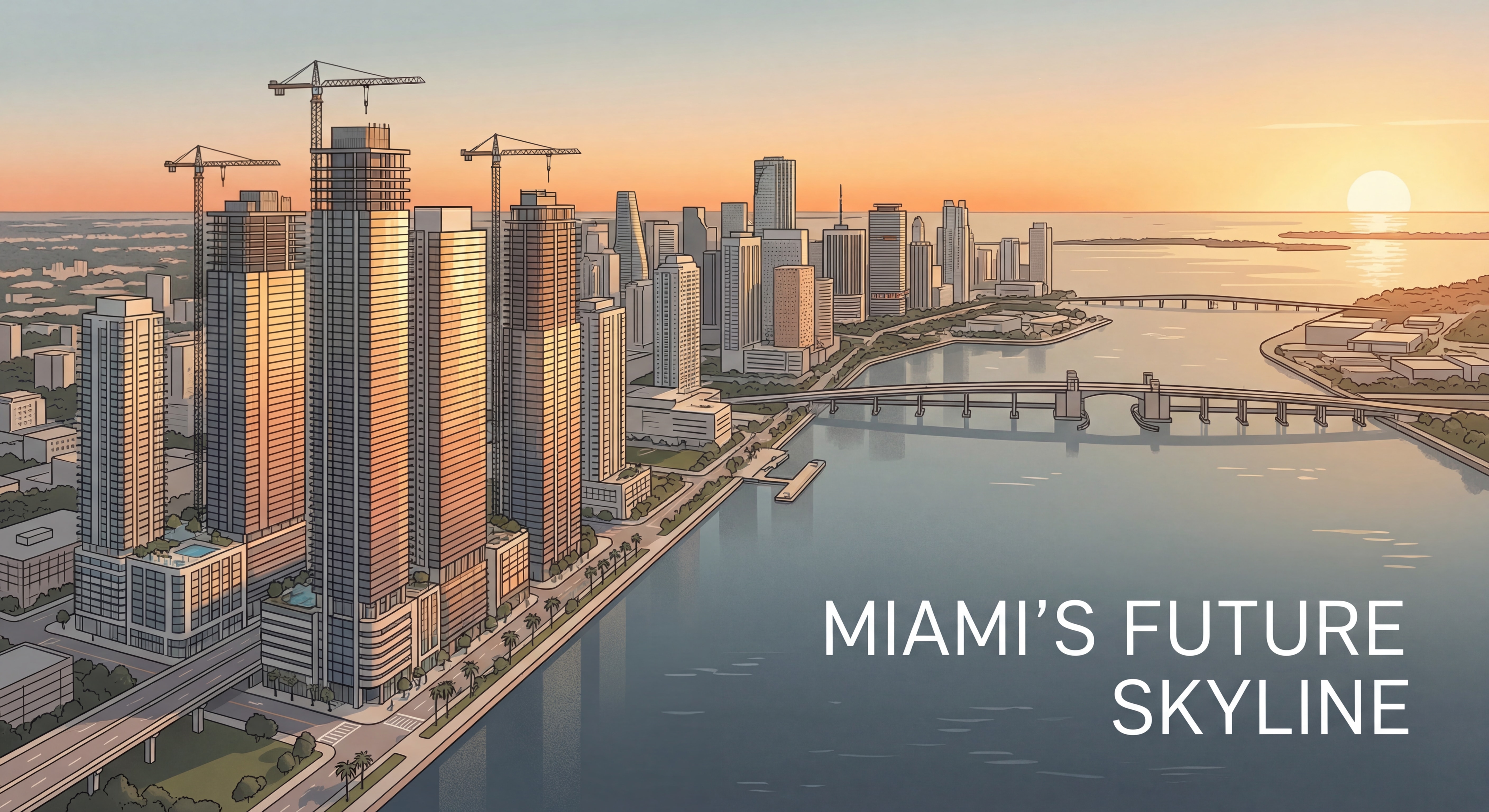 Aerial view of Miami's luxury waterfront skyline at sunset with new construction towers along Brickell Avenue and Biscayne Bay
