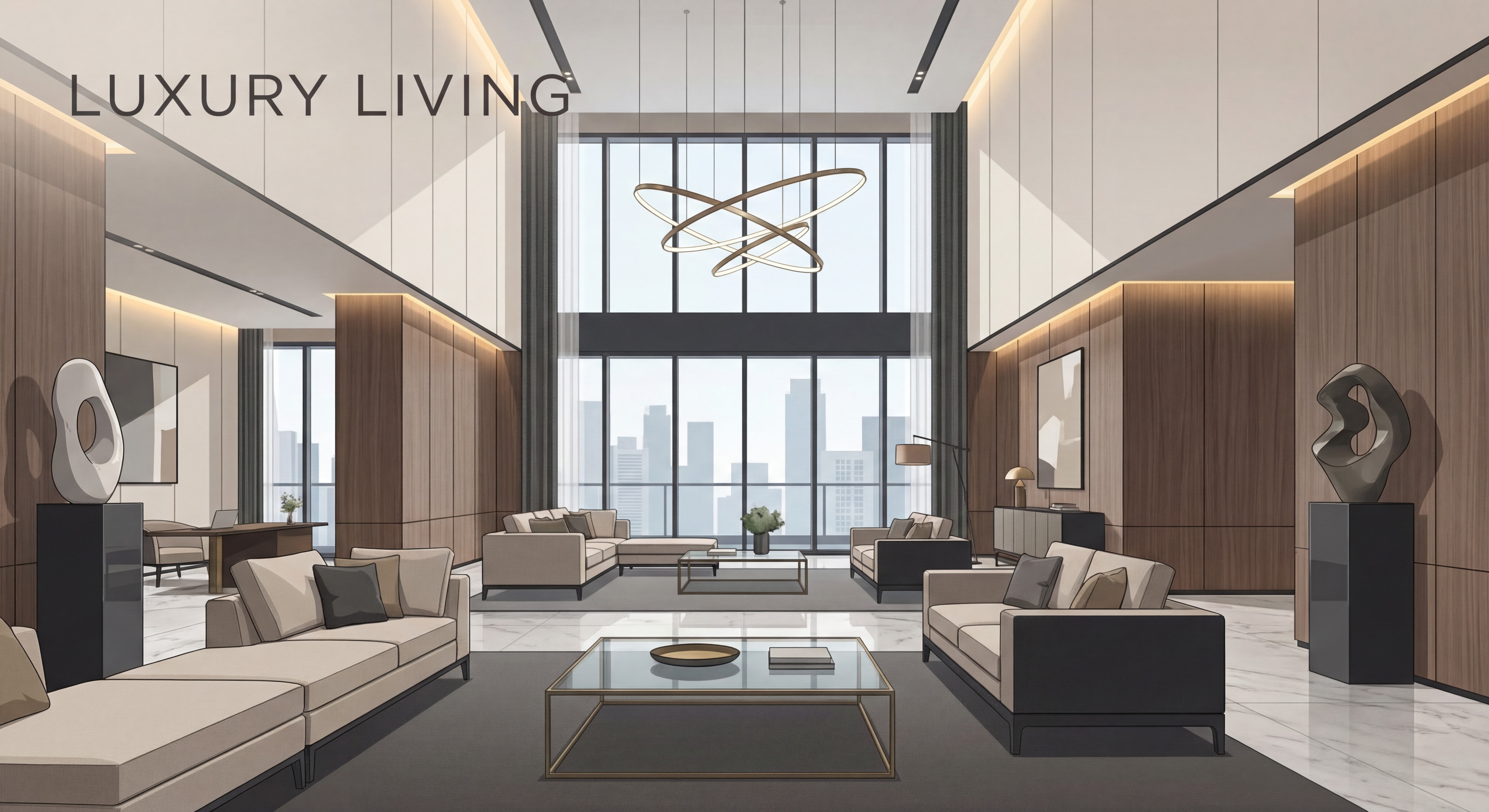 Elegant luxury condo lobby with contemporary design, high ceilings, and sophisticated finishes