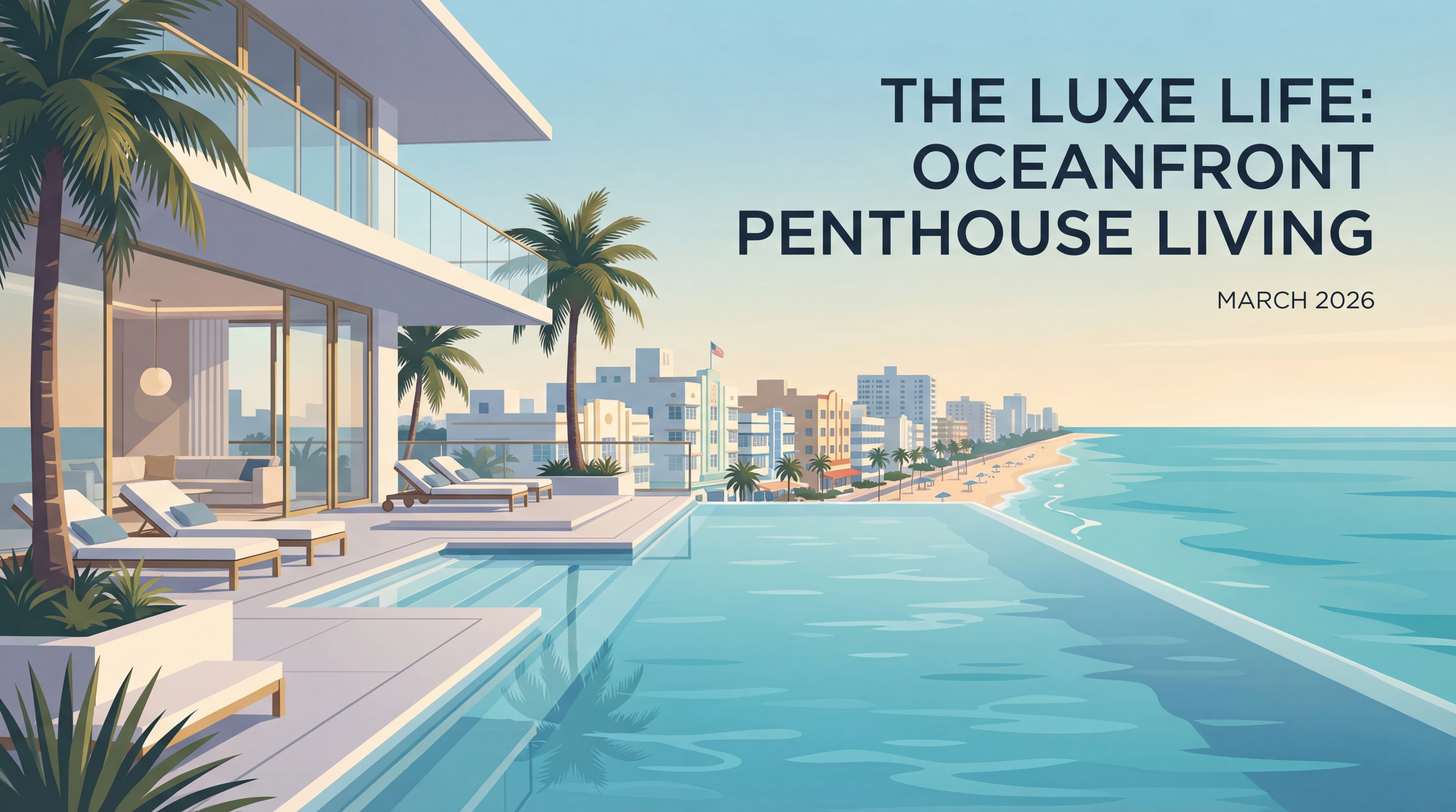 Luxury penthouse terrace with infinity pool overlooking Miami Beach oceanfront