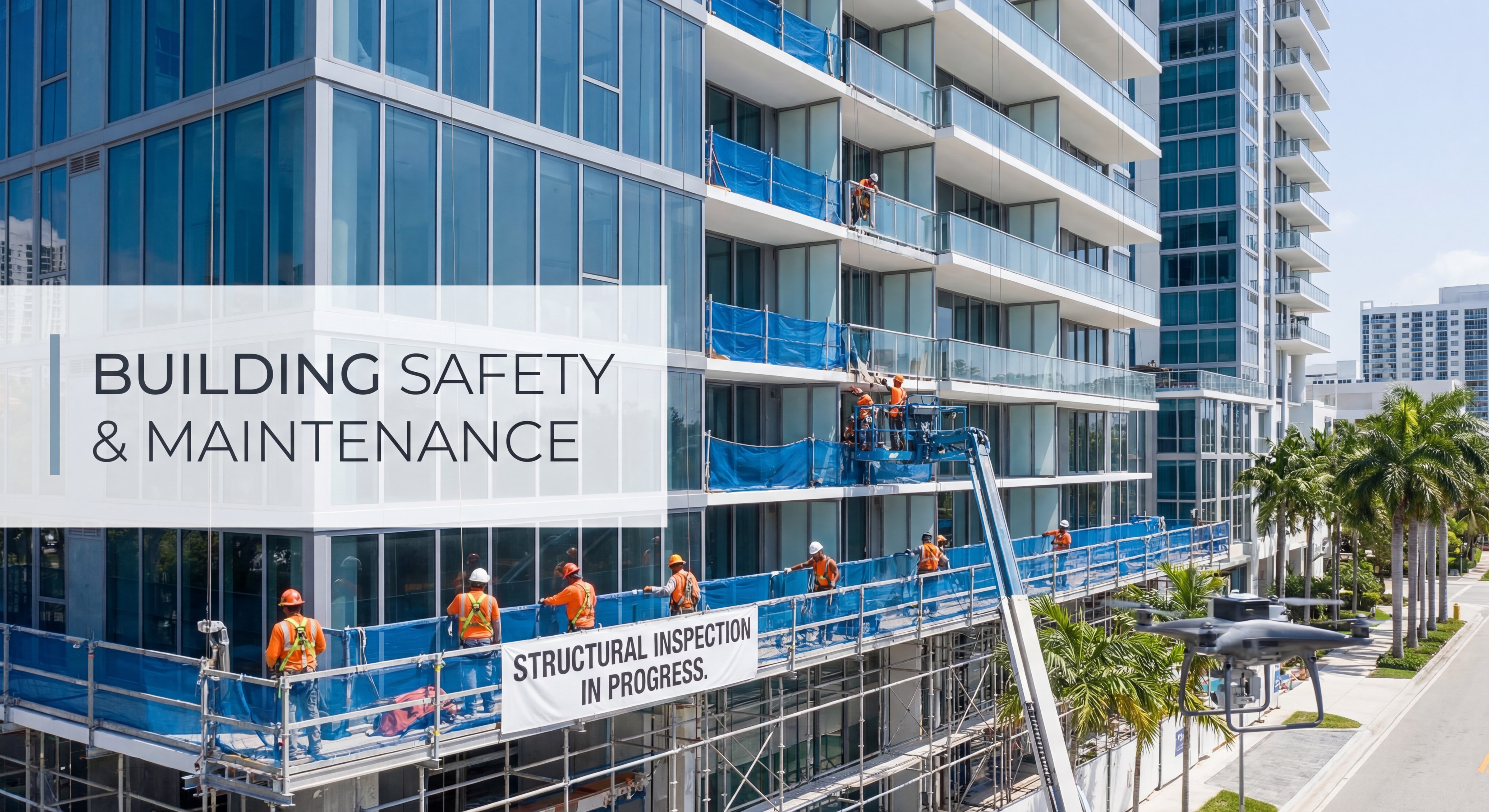 Modern Miami luxury condo building exterior showing structural inspection and maintenance in progress with safety equipment