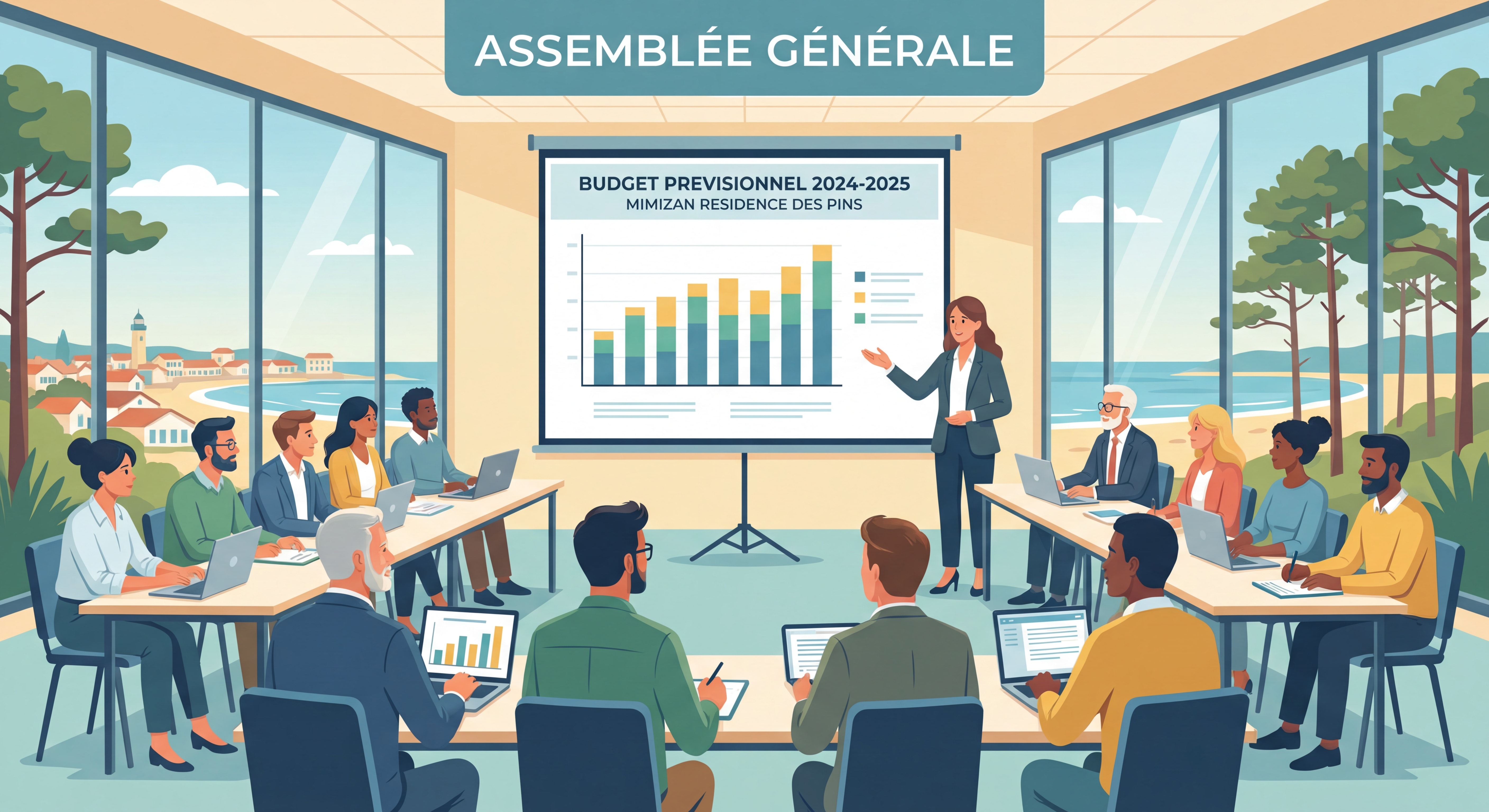 Assemblée générale de copropriétaires dans une salle de réunion à Mimizan, avec copropriétaires attentifs et syndic présentant le budget