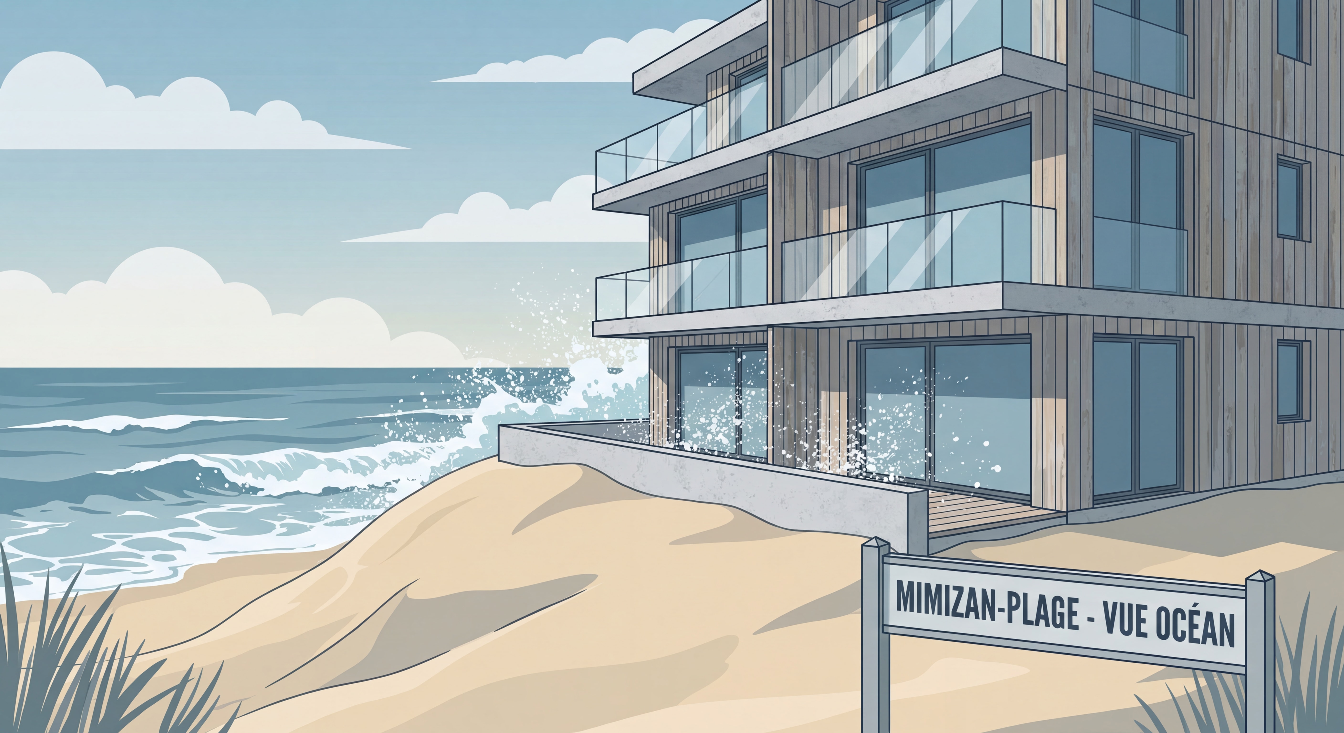 Façade d'une copropriété en bord de mer à Mimizan-Plage avec vue sur l'océan Atlantique, montrant l'exposition aux embruns