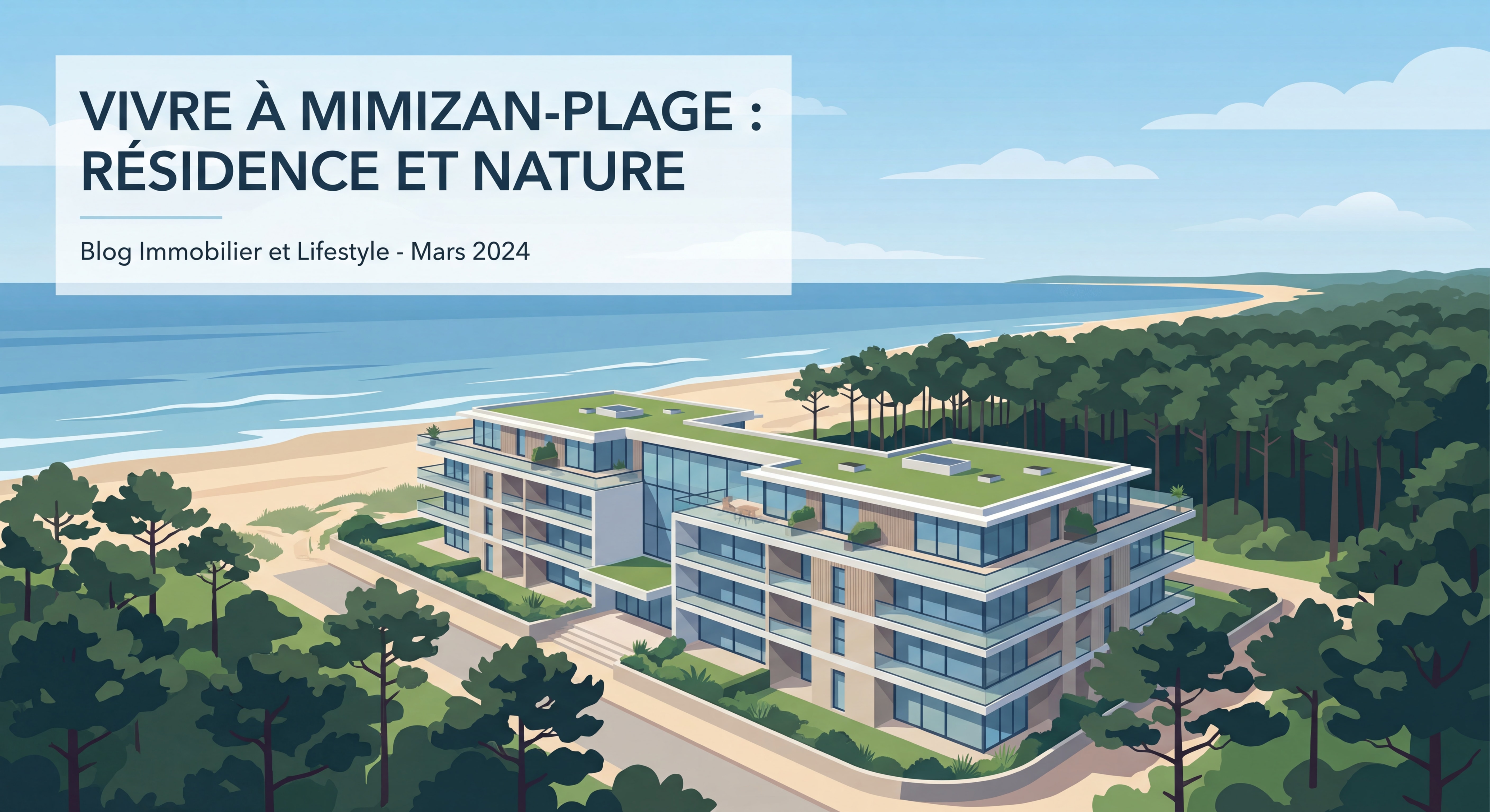 Vue aérienne d'une résidence en copropriété moderne à Mimizan-Plage avec vue sur l'océan Atlantique et la forêt landaise