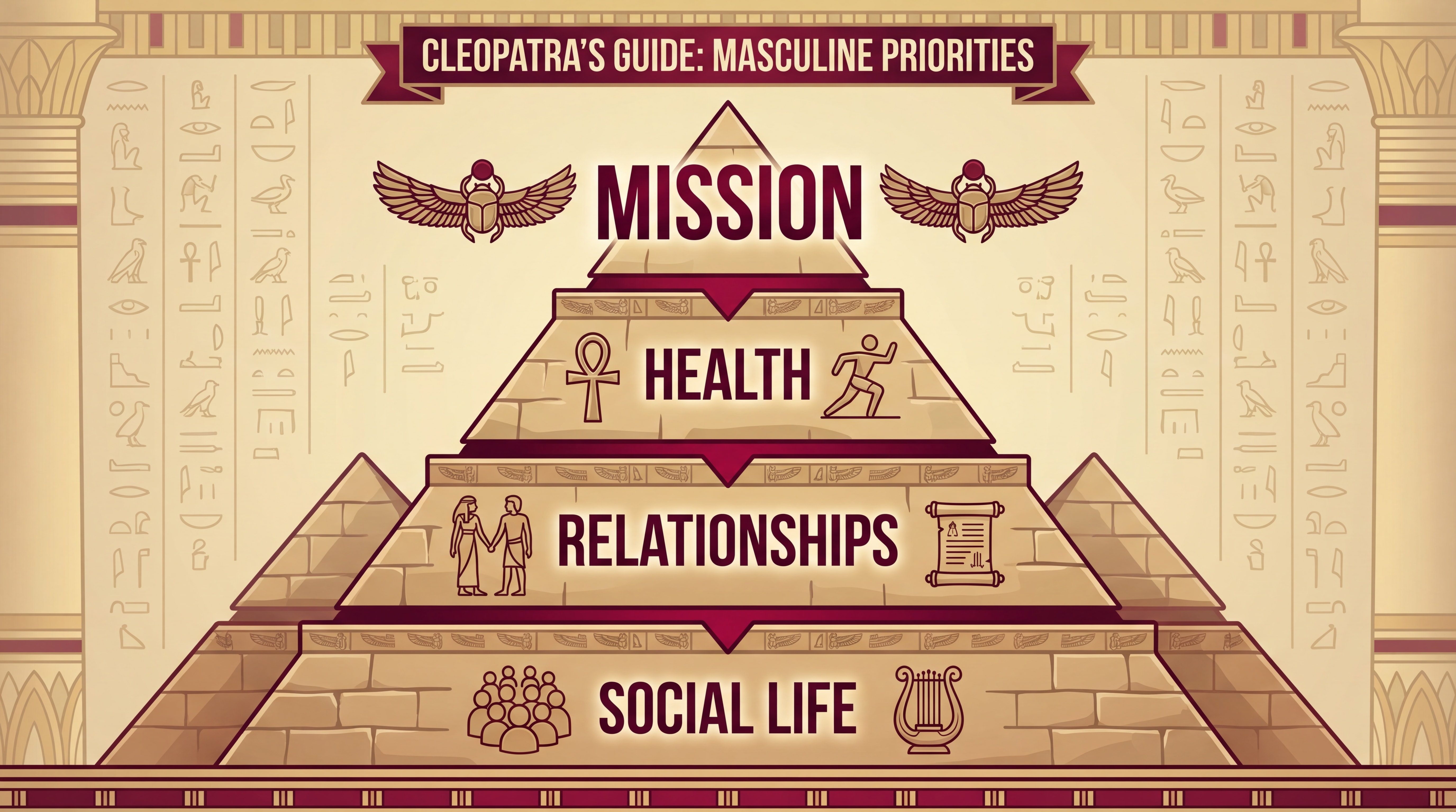 Stop being needy: Cleopatra-themed infographic displaying the hierarchy of masculine priorities - Mission at top, followed by health, relationships, and social life, with Egyptian hieroglyph patterns and deep red accents
