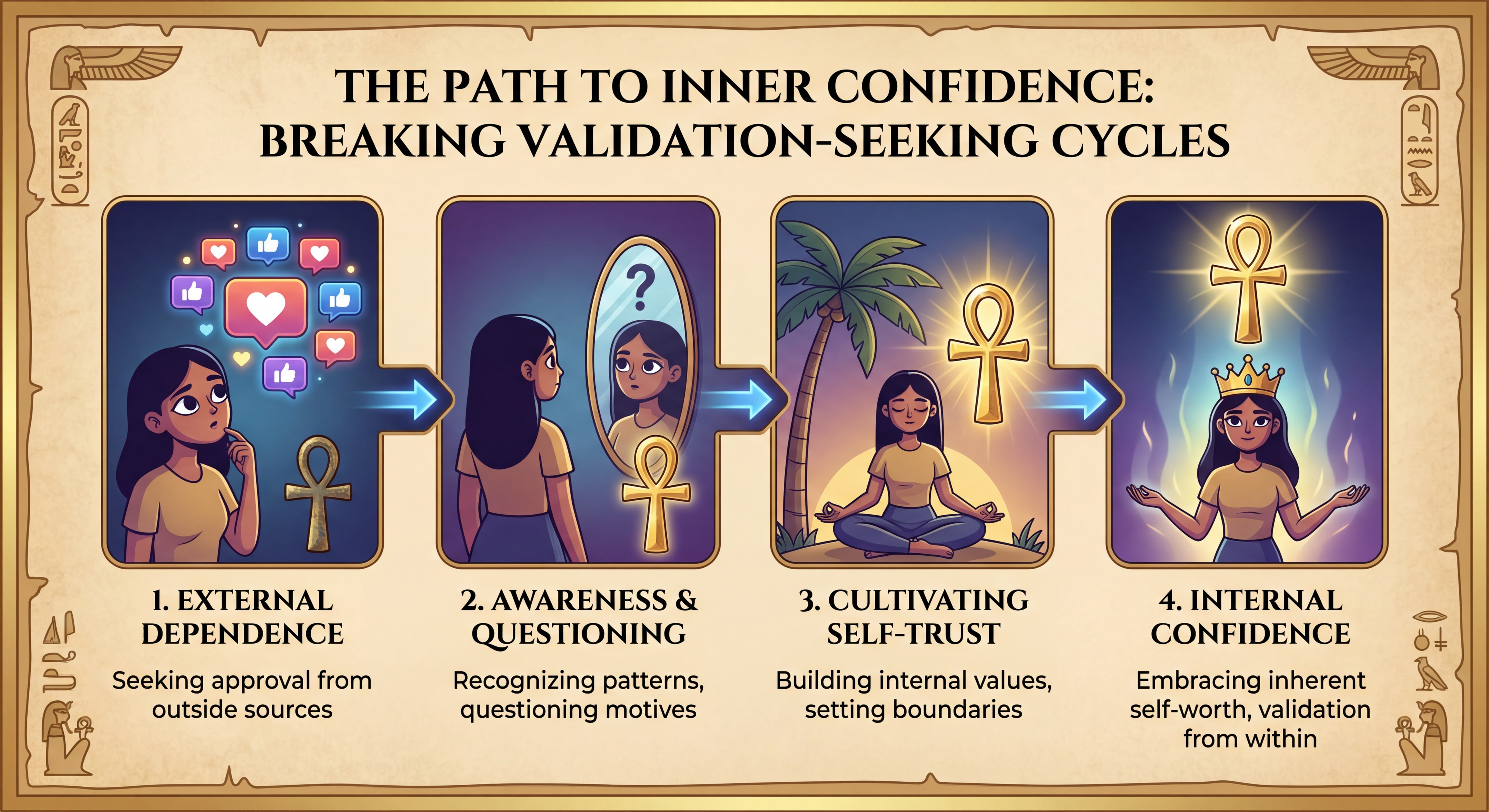 Cleopatra-inspired infographic showing 4 stages of breaking validation-seeking behavior - from external dependence to internal confidence with gold ankh symbols and ornate borders. Stop being needy.