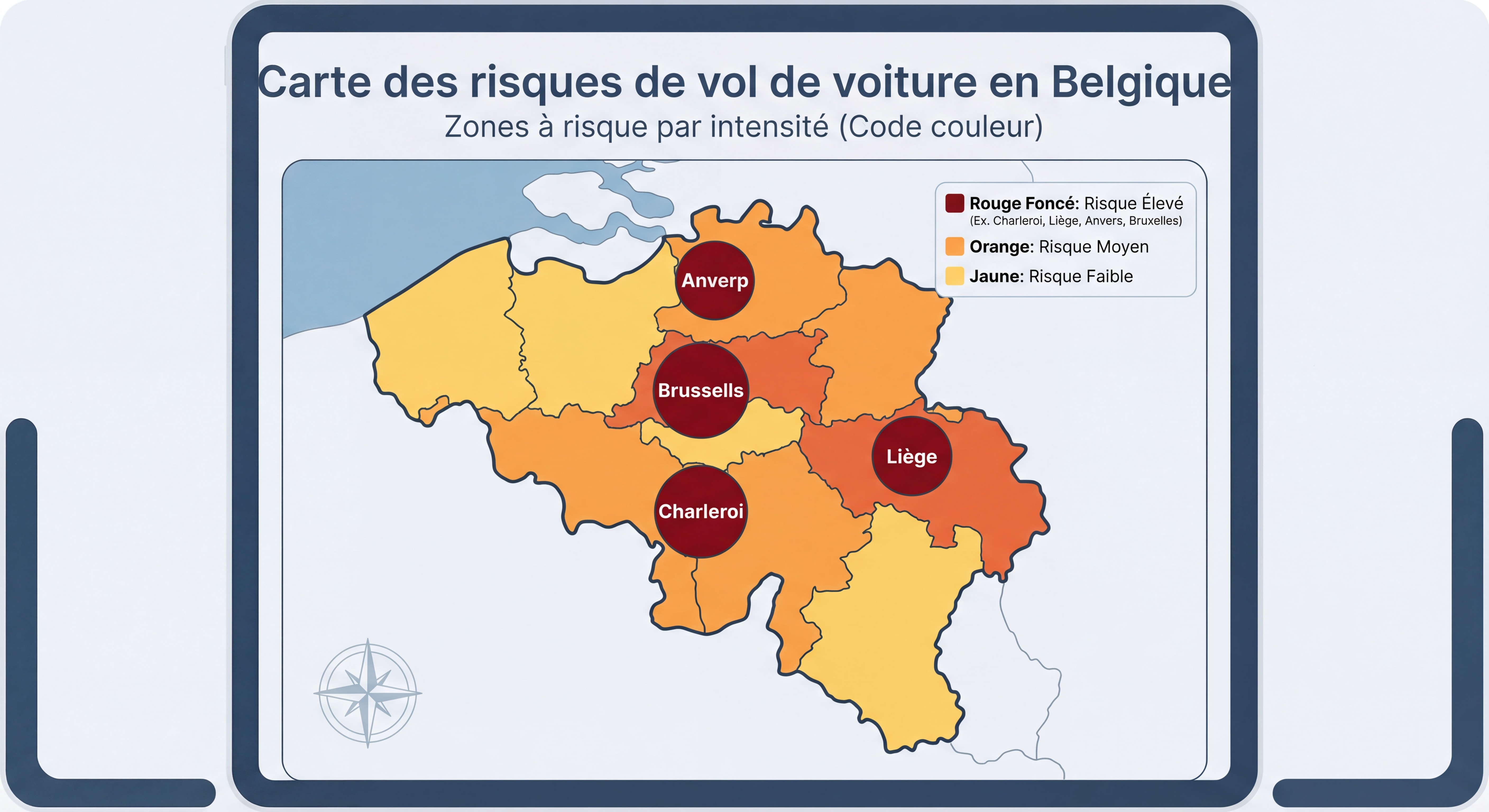 Carte de la Belgique montrant les zones à risque de vol de voiture avec code couleur par intensité - Charleroi, Liège, Anvers et Bruxelles en rouge foncé