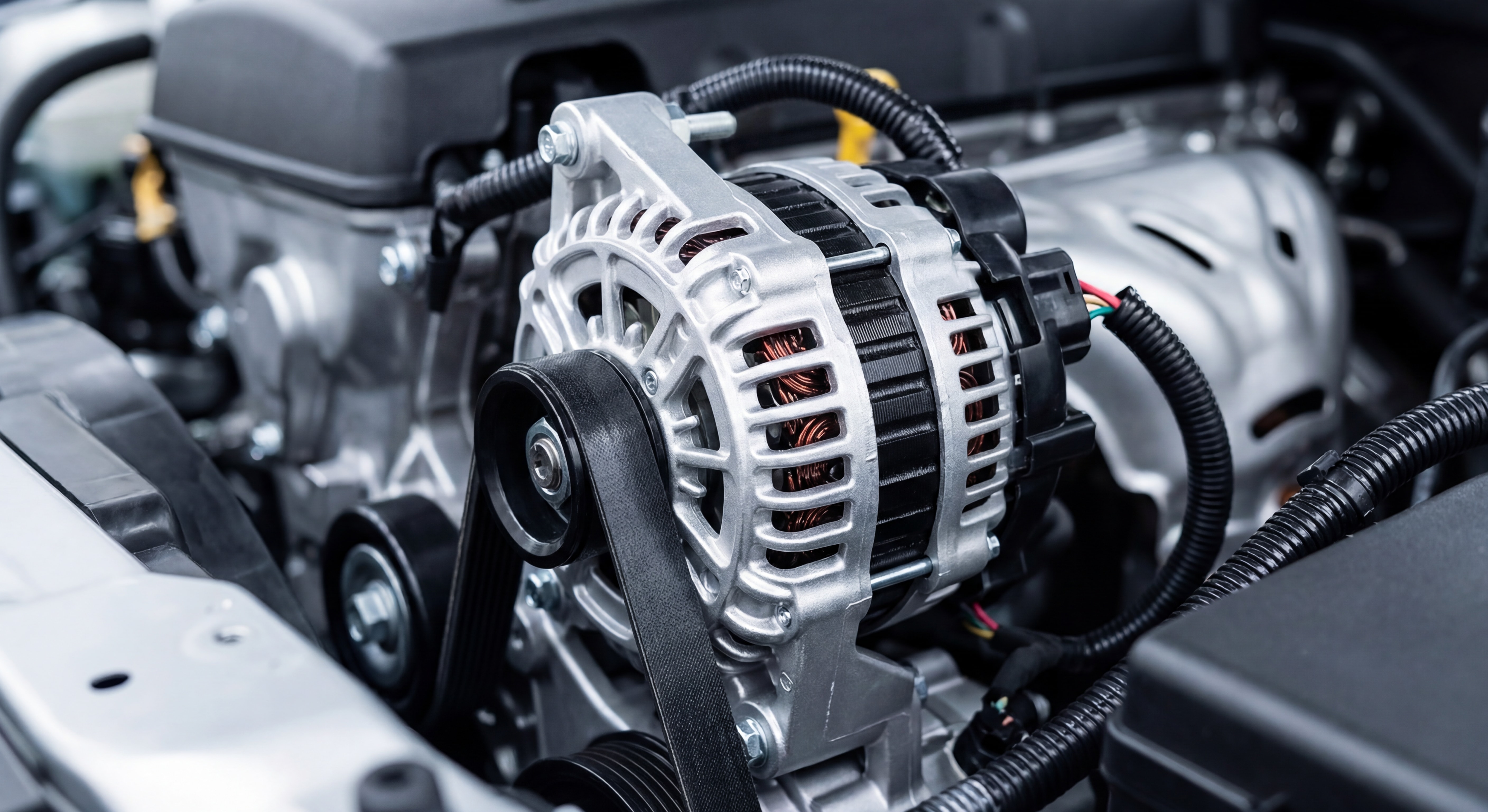 Gros plan sur un alternateur de voiture avec courroie d'accessoires en bon état dans un moteur propre