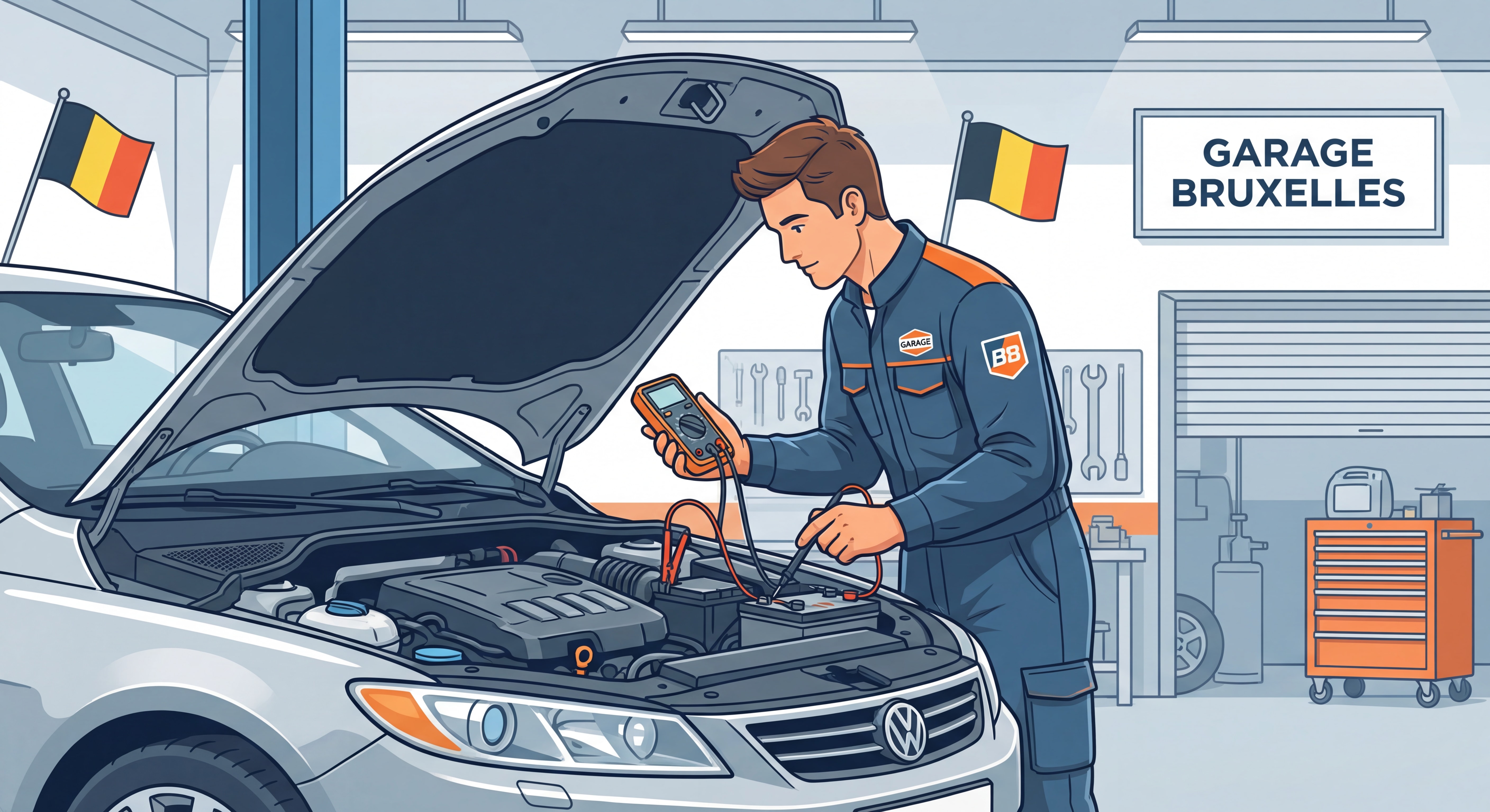 Mécanicien testant une batterie de voiture avec un multimètre dans un garage professionnel en Belgique