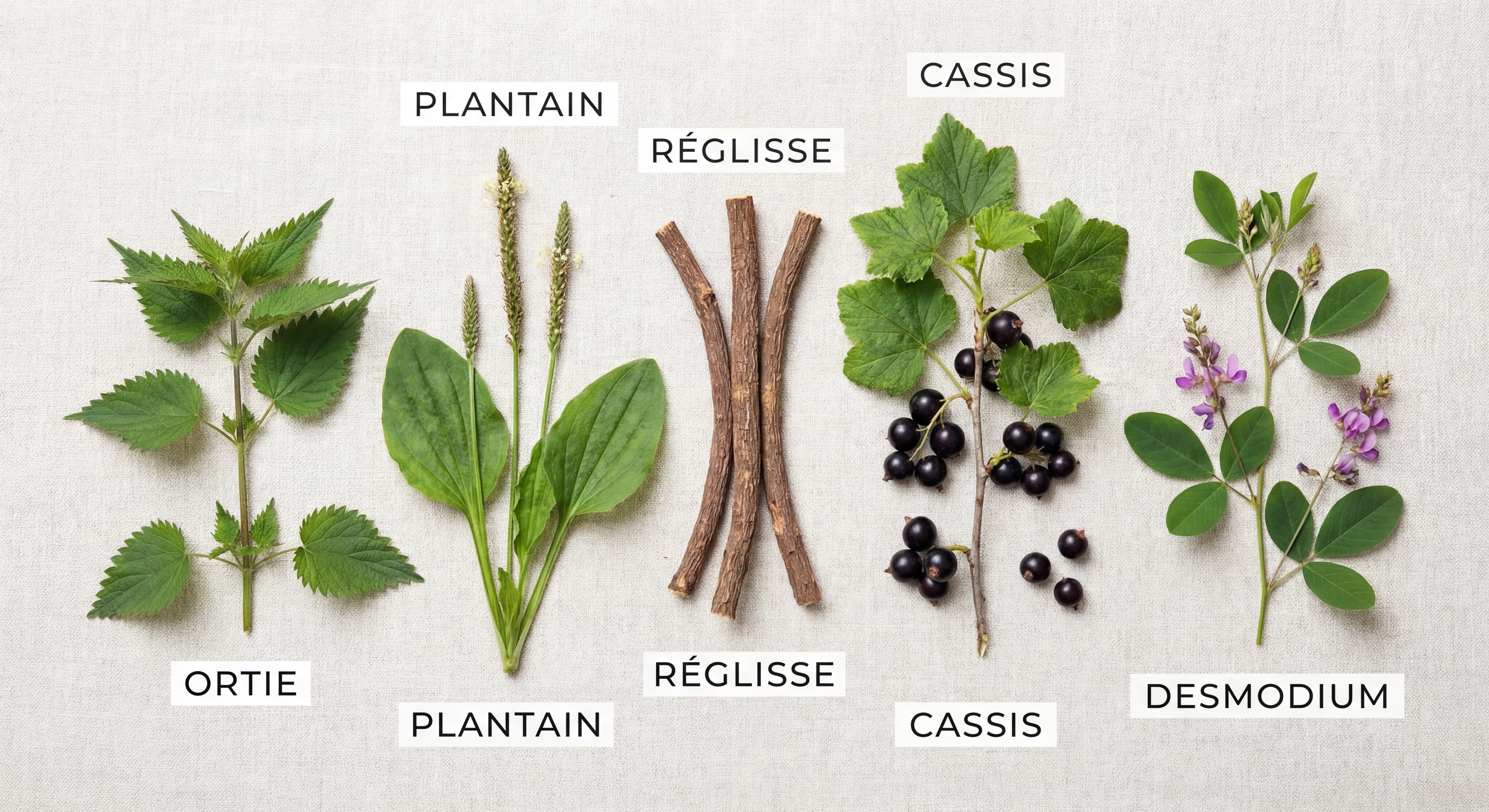 Composition photographique des 5 plantes médicinales - ortie, plantain, réglisse, cassis et desmodium - avec leurs noms en français