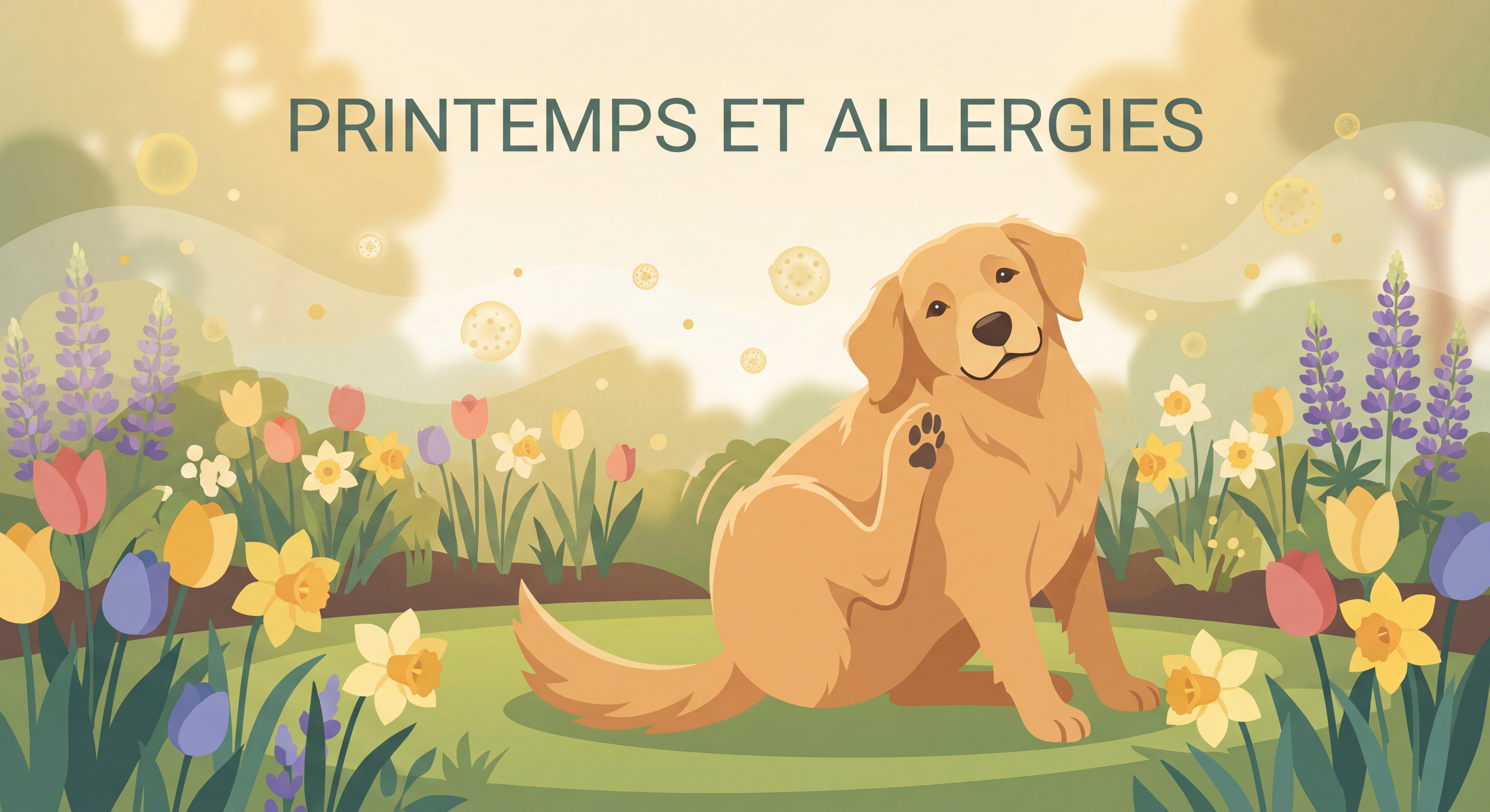Chien se grattant l'oreille dans un jardin fleuri au printemps avec des pollens visibles dans l'air