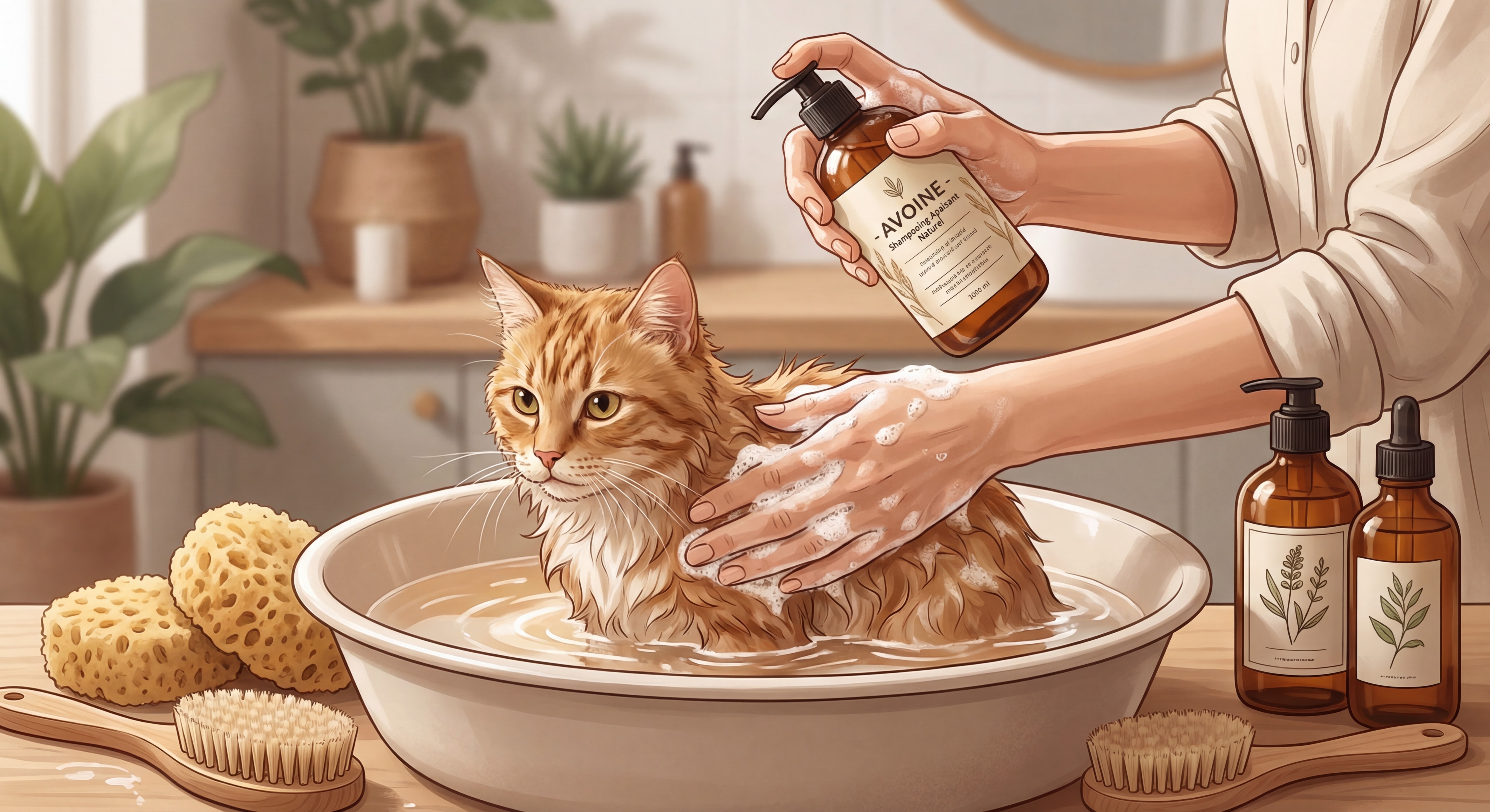 Chat recevant un bain apaisant avec des produits naturels, focus sur les mains du propriétaire appliquant un shampooing à l'avoine