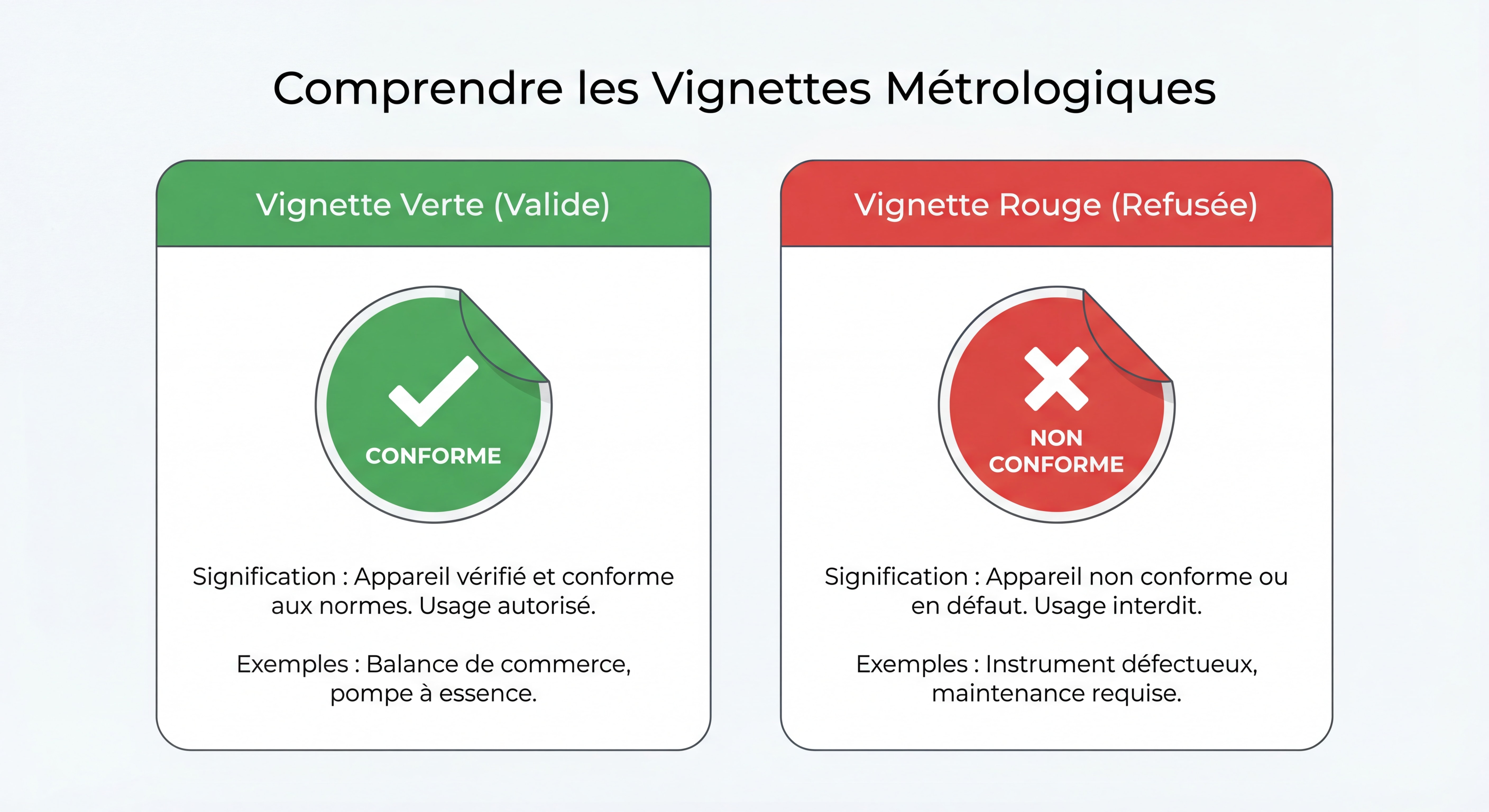 Schéma explicatif montrant les différentes vignettes métrologiques - verte valide, rouge refusée - et leur signification