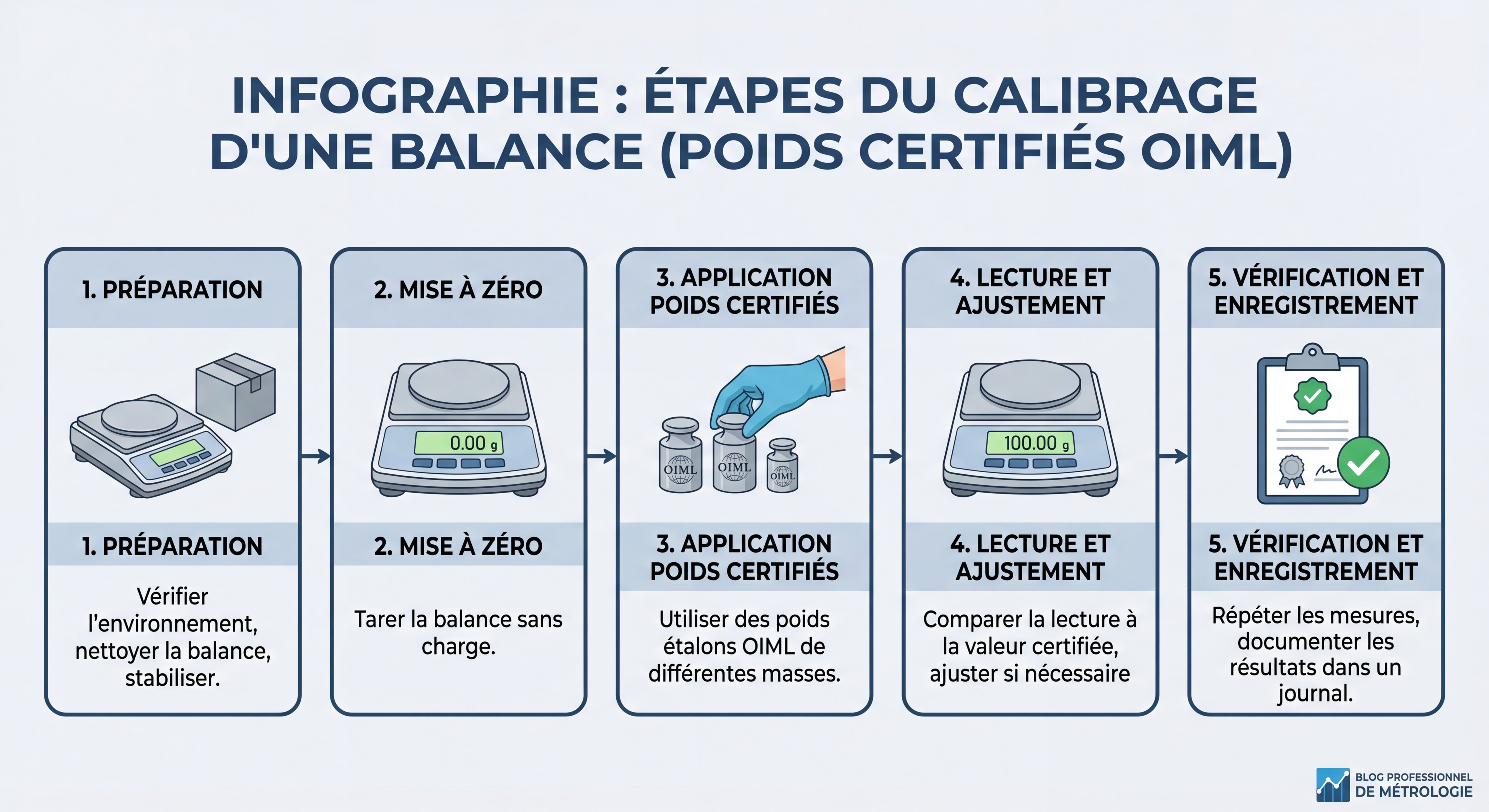 Infographie détaillée montrant les étapes du calibrage d'une balance avec poids certifiés OIML