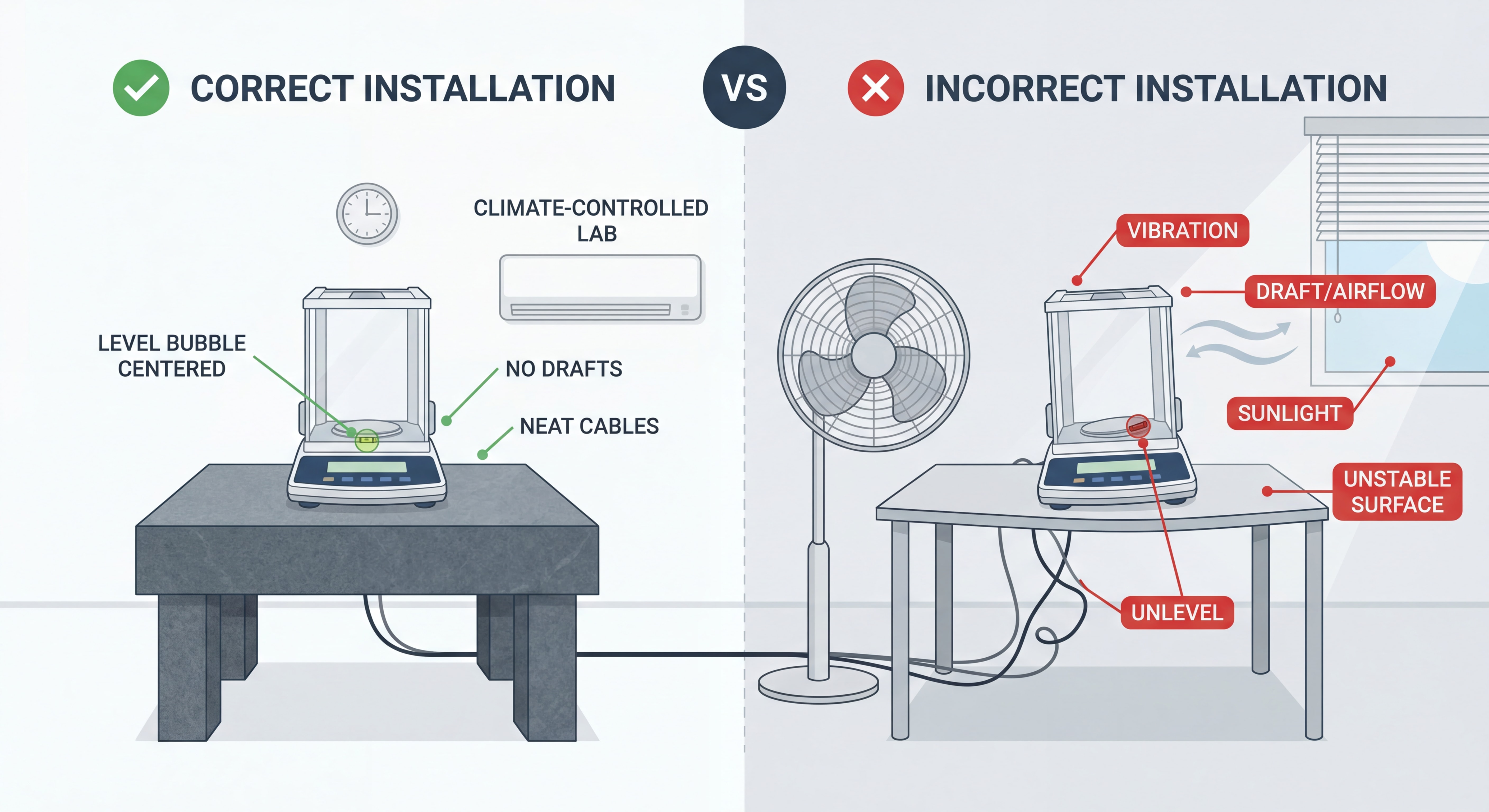 Comparaison visuelle d'une installation correcte et incorrecte d'une balance de précision avec annotations des erreurs à éviter