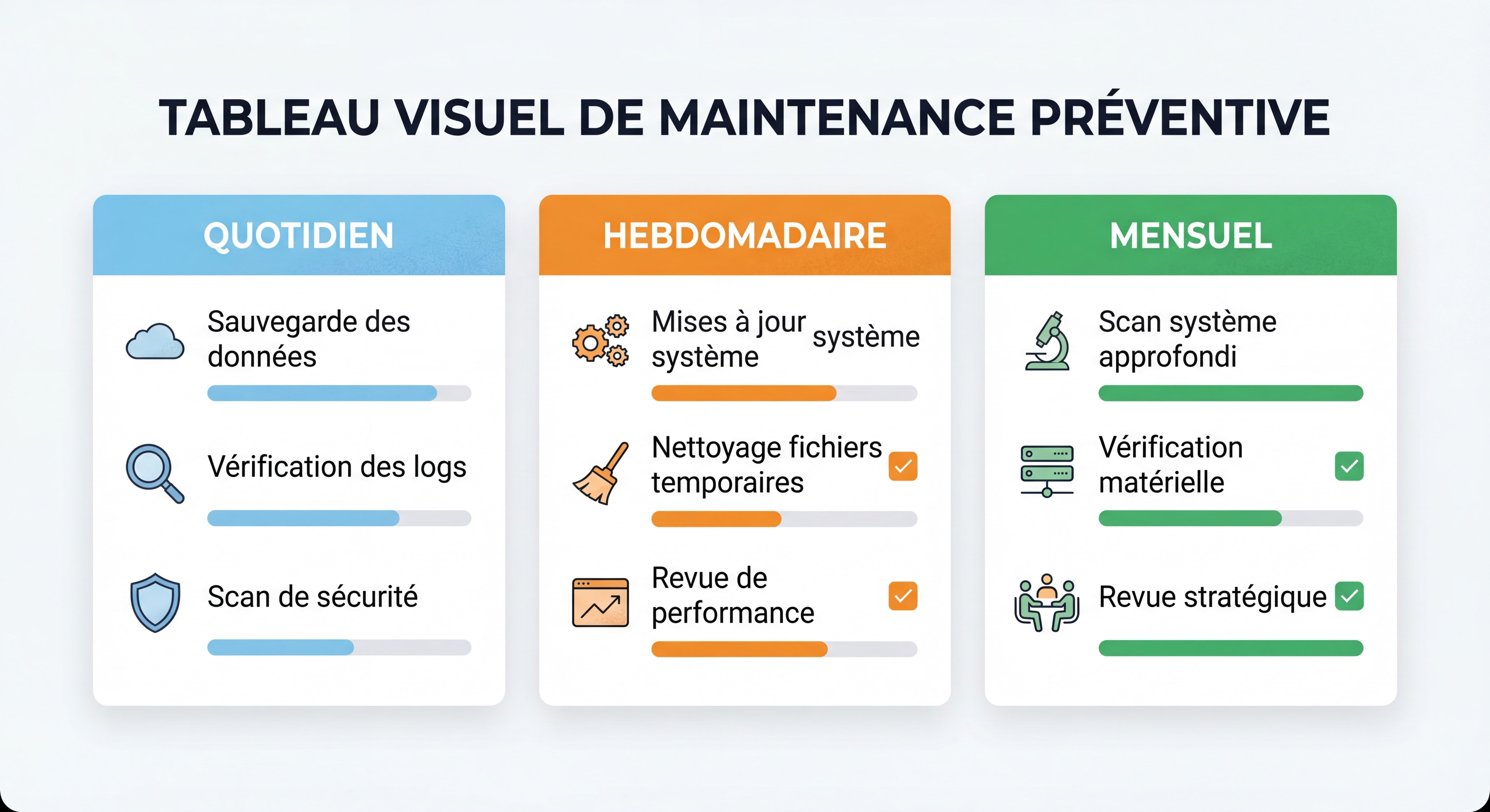 Tableau visuel de maintenance préventive avec codes couleur pour les tâches quotidiennes, hebdomadaires et mensuelles