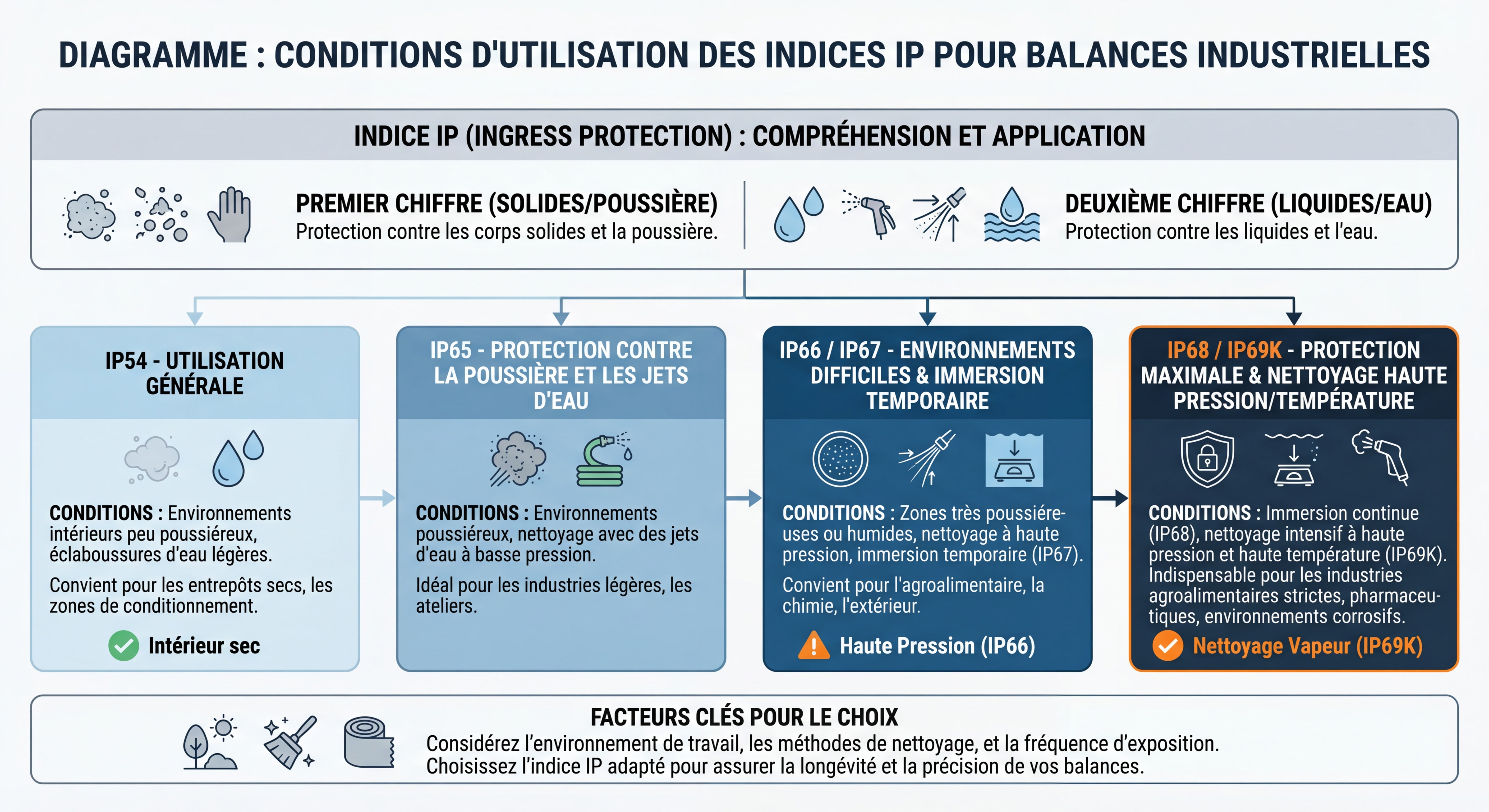 Diagramme montrant les conditions d'utilisation de chaque indice IP pour balances industrielles