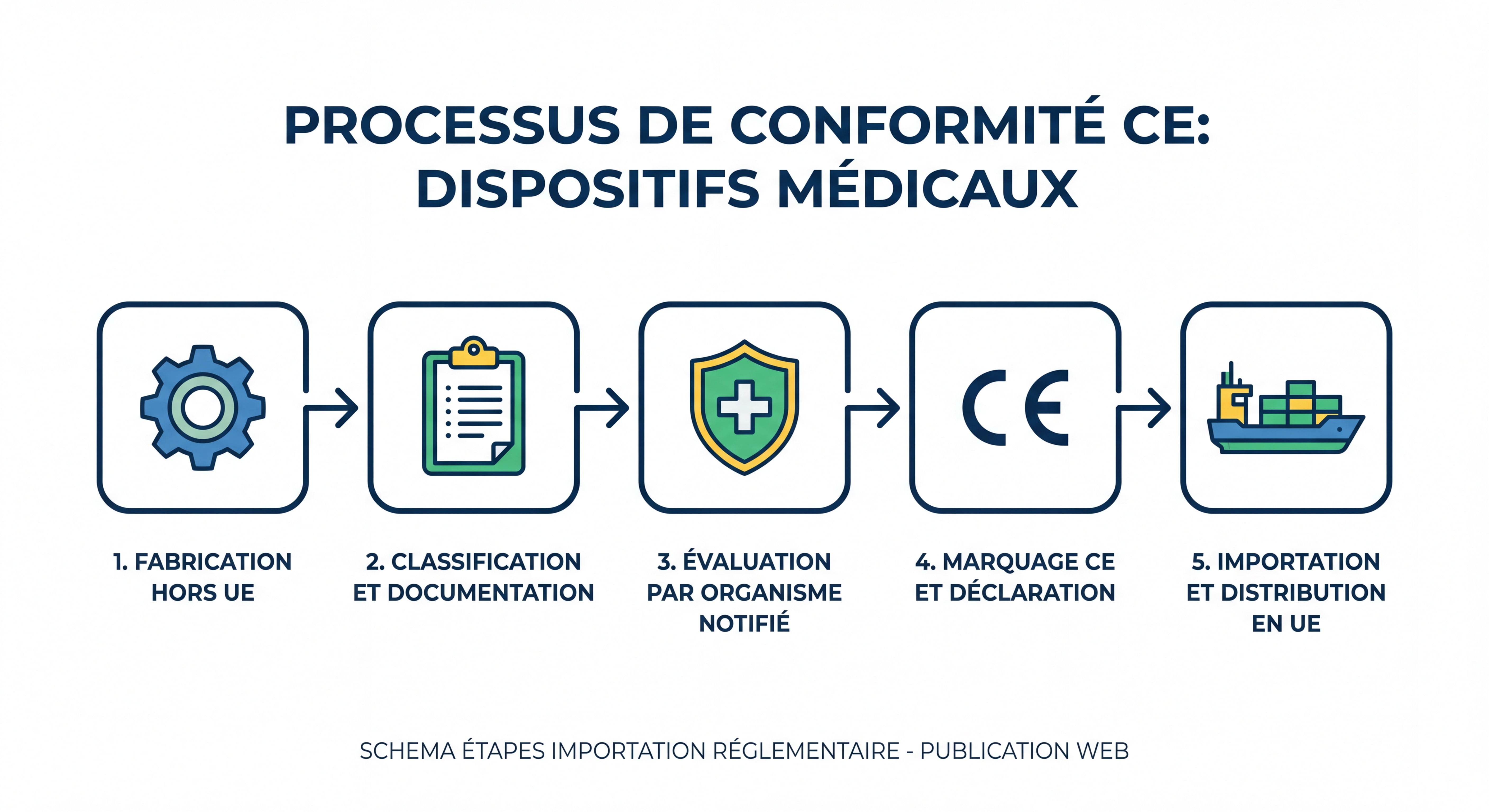 Processus de conformité CE dispositifs médicaux - schéma étapes importation réglementaire