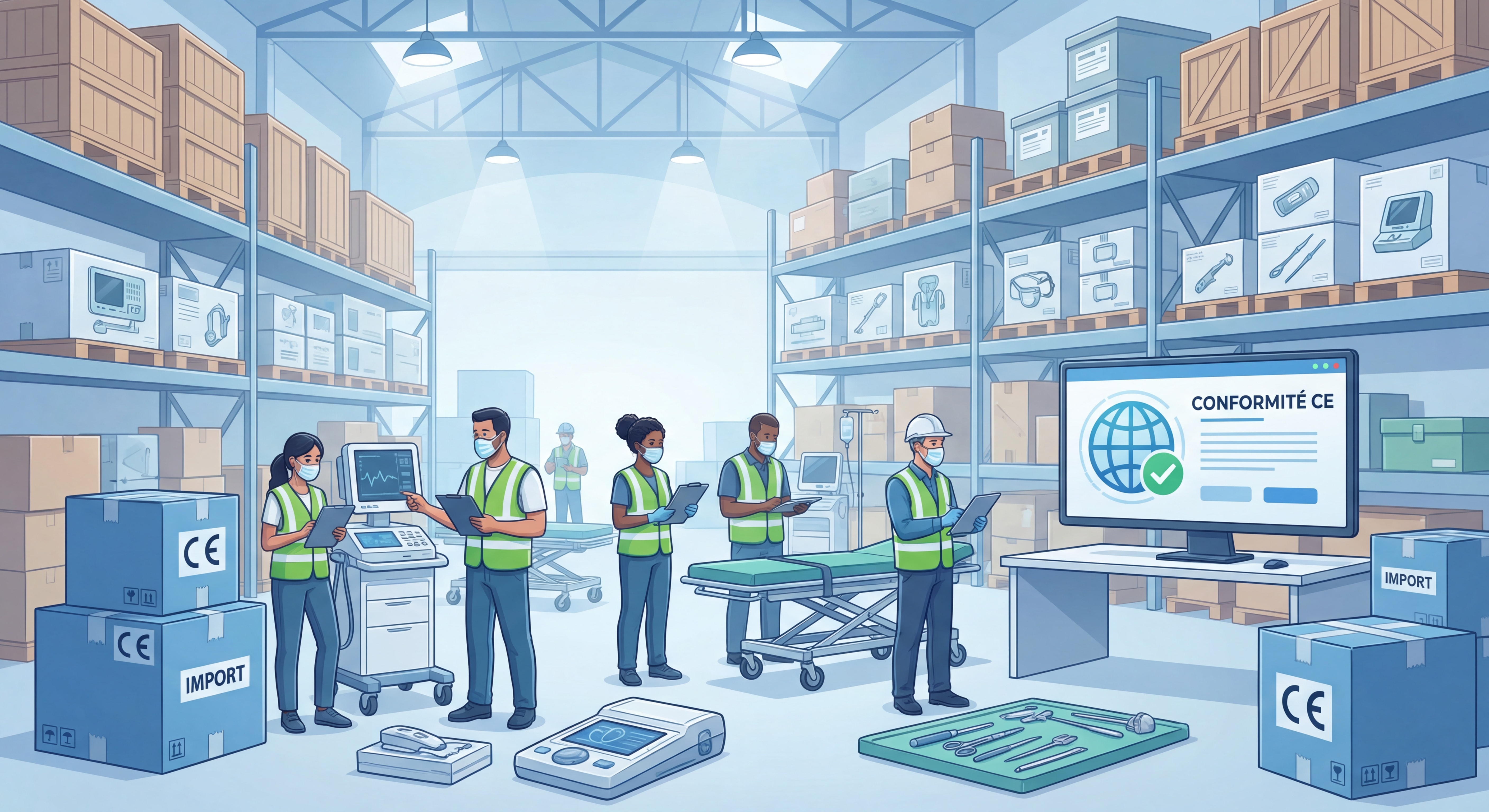 Importation matériel médical conformité CE - équipements médicaux en entrepôt logistique international