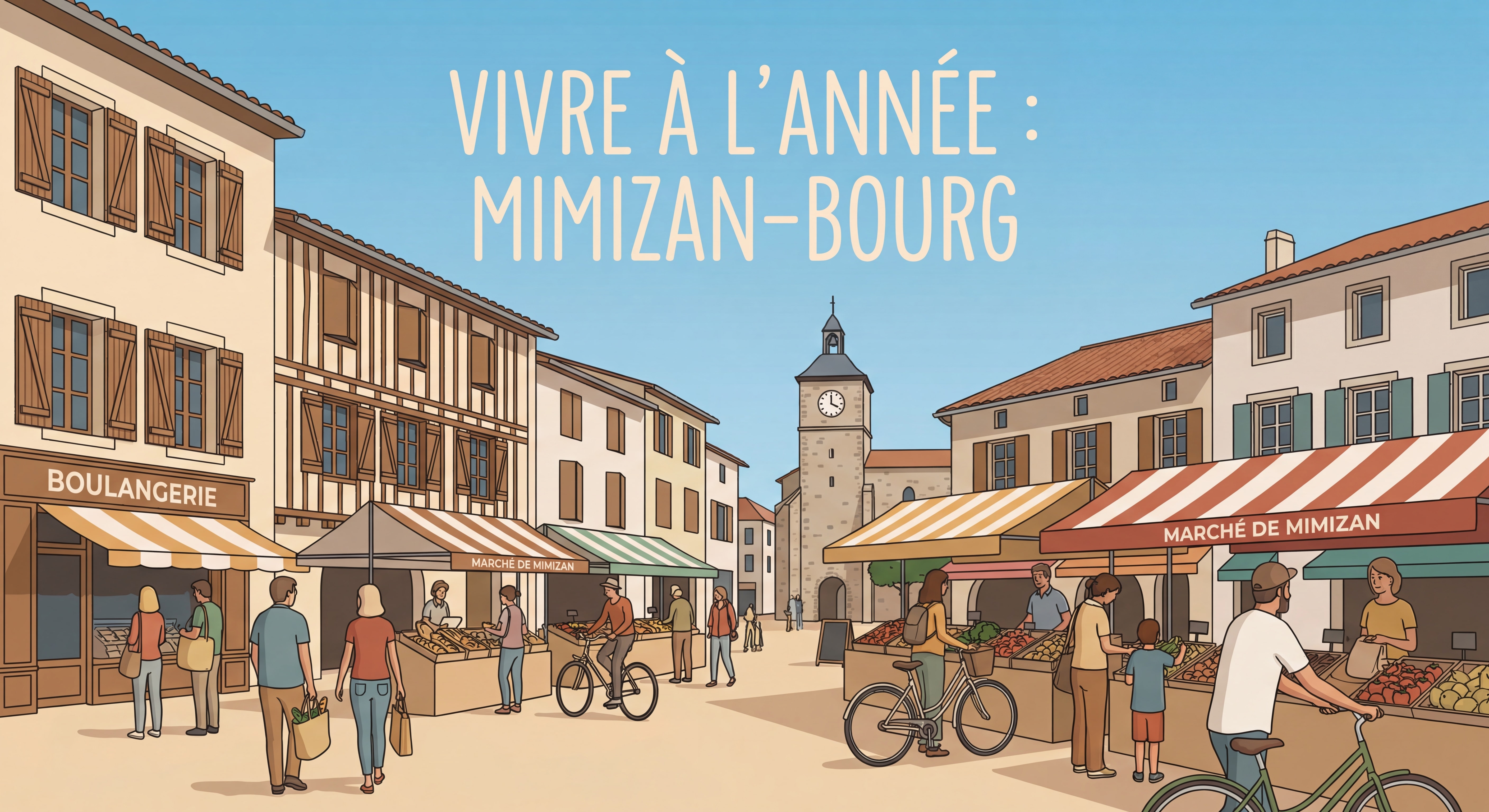 Centre-bourg de Mimizan Landes avec commerces et marché animé — vie à l'année