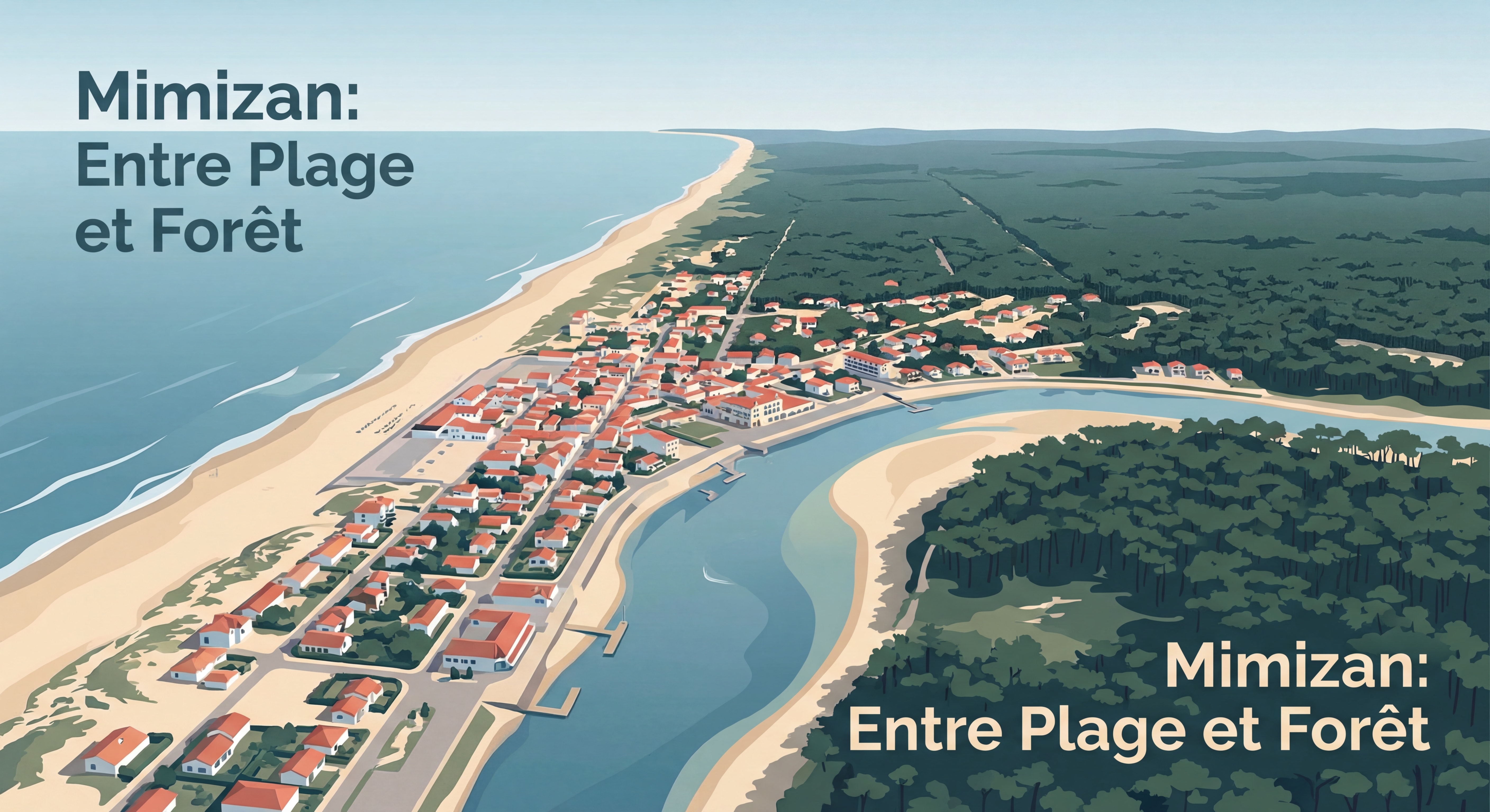 Vue aérienne de Mimizan-Plage et de la forêt landaise — perspective entre Bourg et Plage