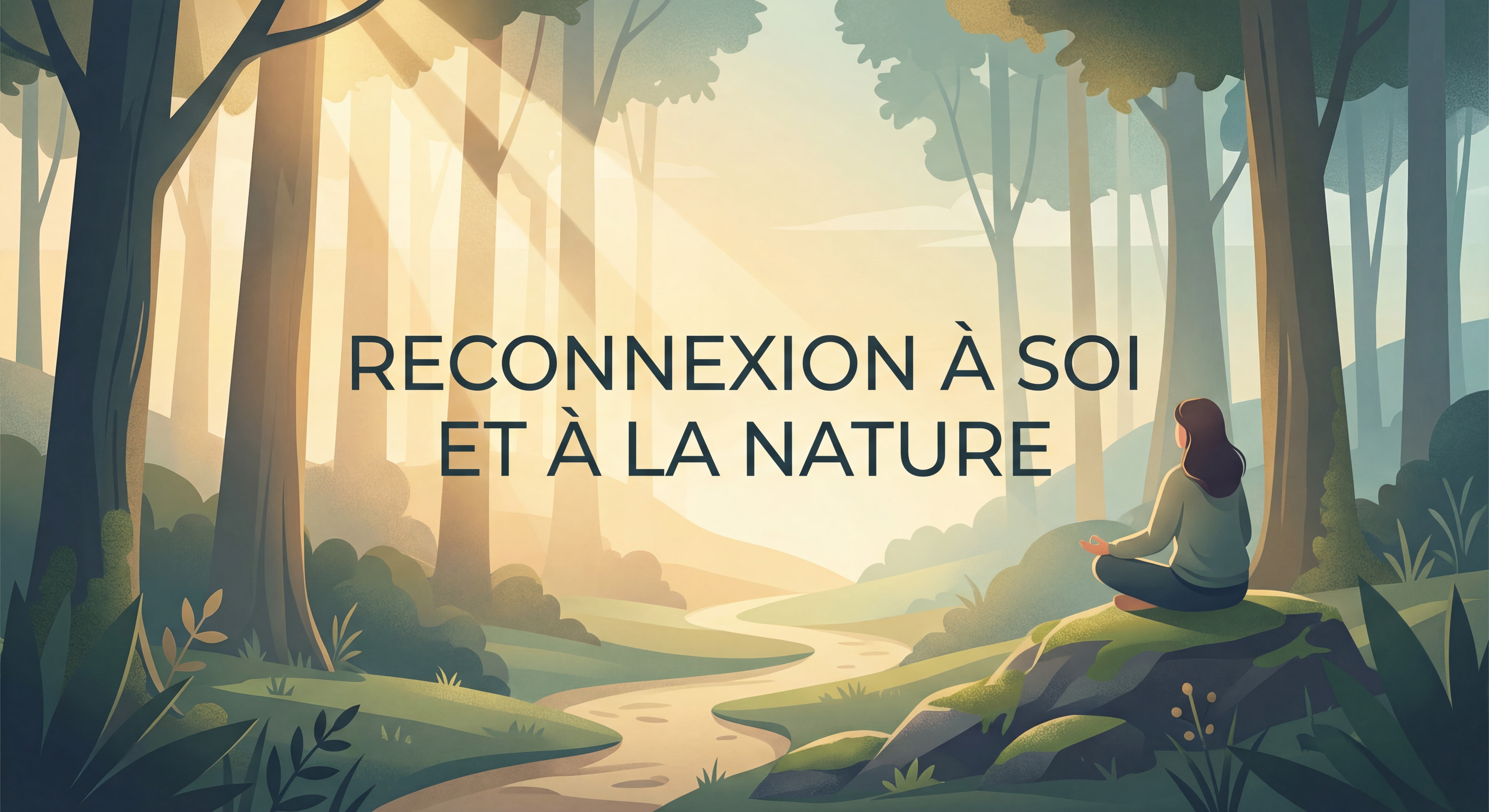 Forêt baignée d'une lumière matinale filtrée à travers les arbres, ambiance sereine et apaisante — symbolisant la reconnexion à soi et à la nature grâce aux soins énergétiques et au reiki