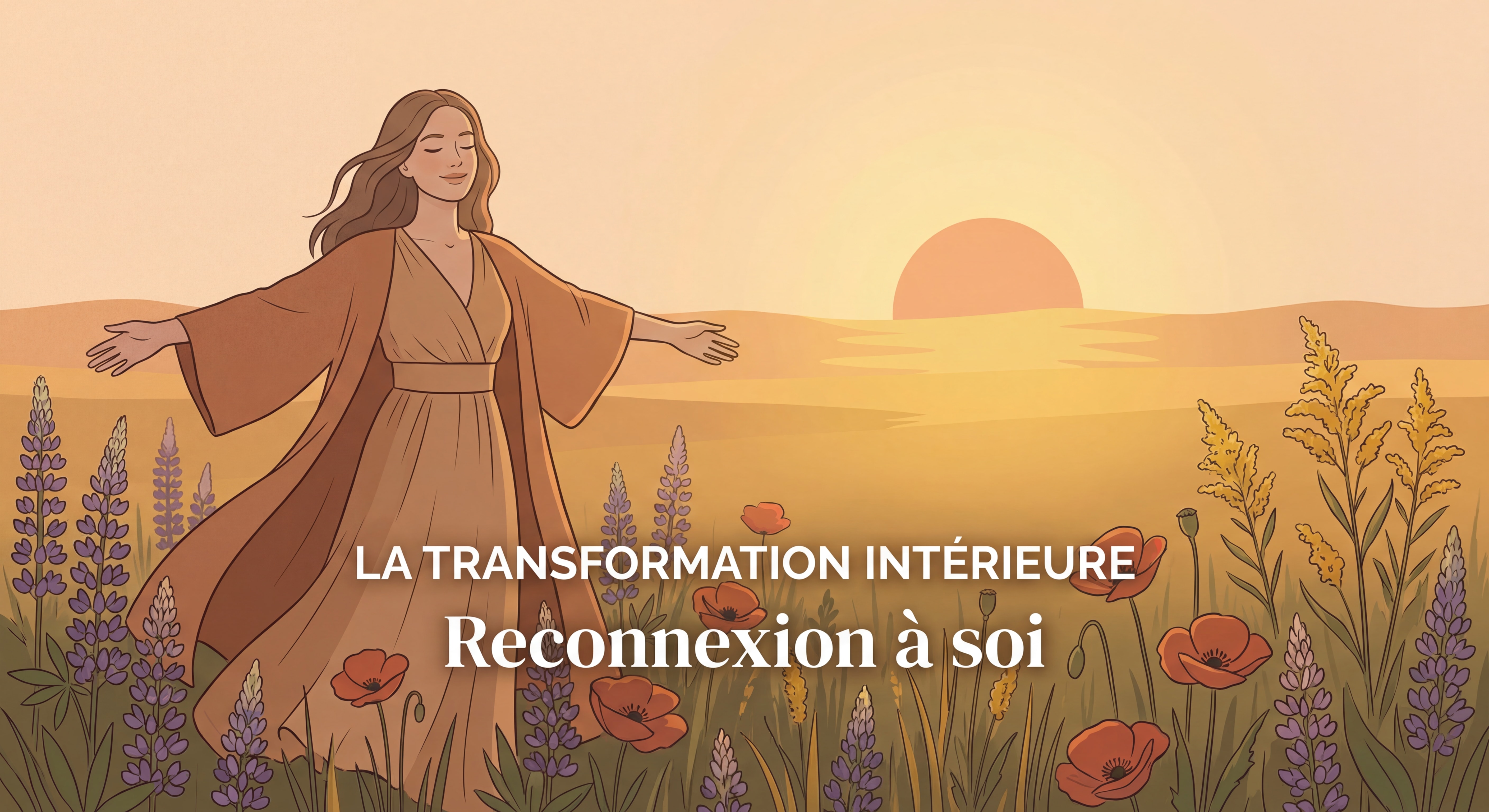 Femme sereine dans un champ de fleurs sauvages au coucher du soleil, bras ouverts, expression de liberté et de légèreté — symbolisant la transformation et la reconnexion à soi