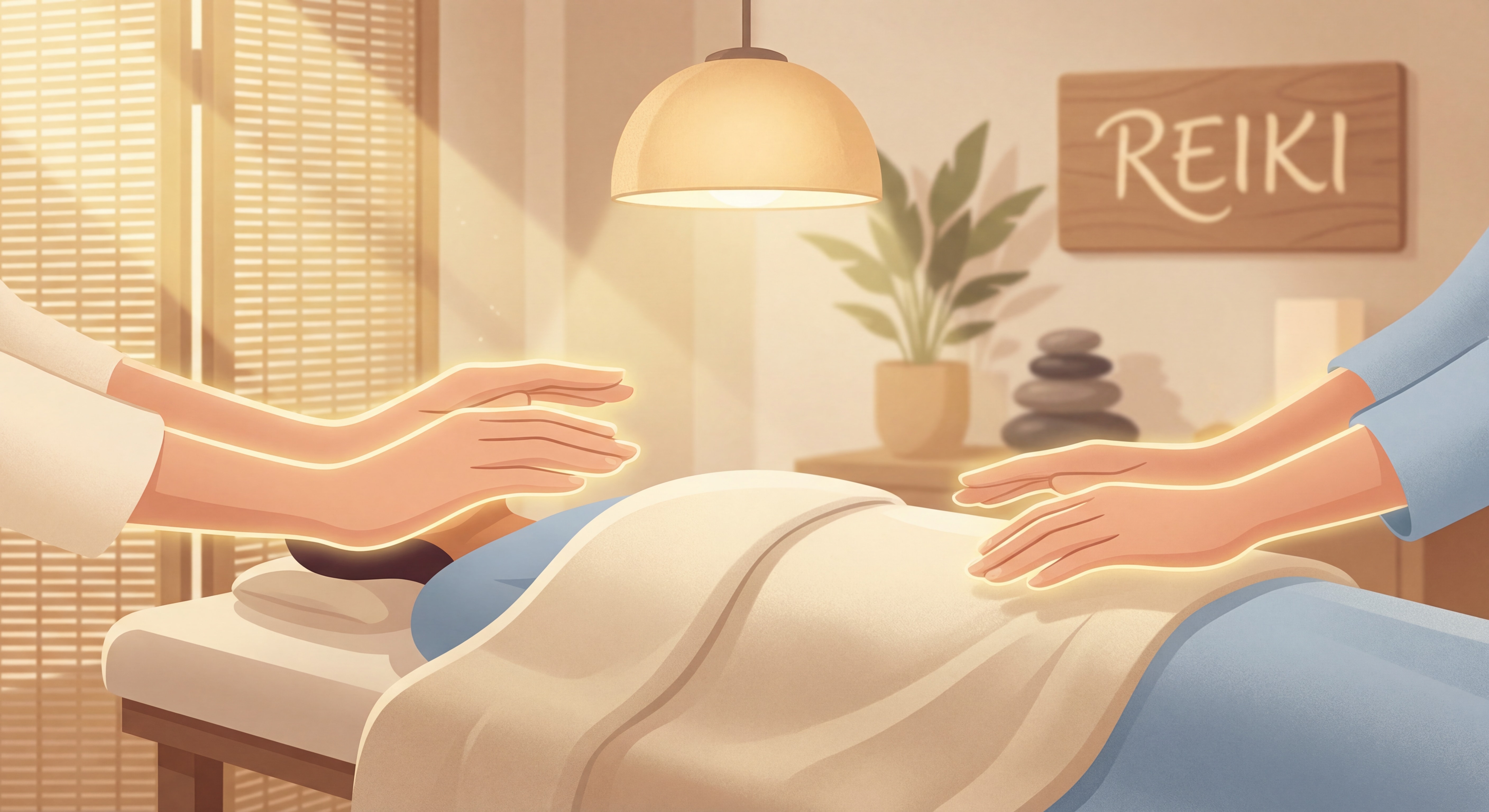 Mains bienveillantes posées délicatement au-dessus d'un corps allongé, lumière tamisée et dorée, ambiance zen et apaisante — illustration d'une séance de Reiki et des soins énergétiques