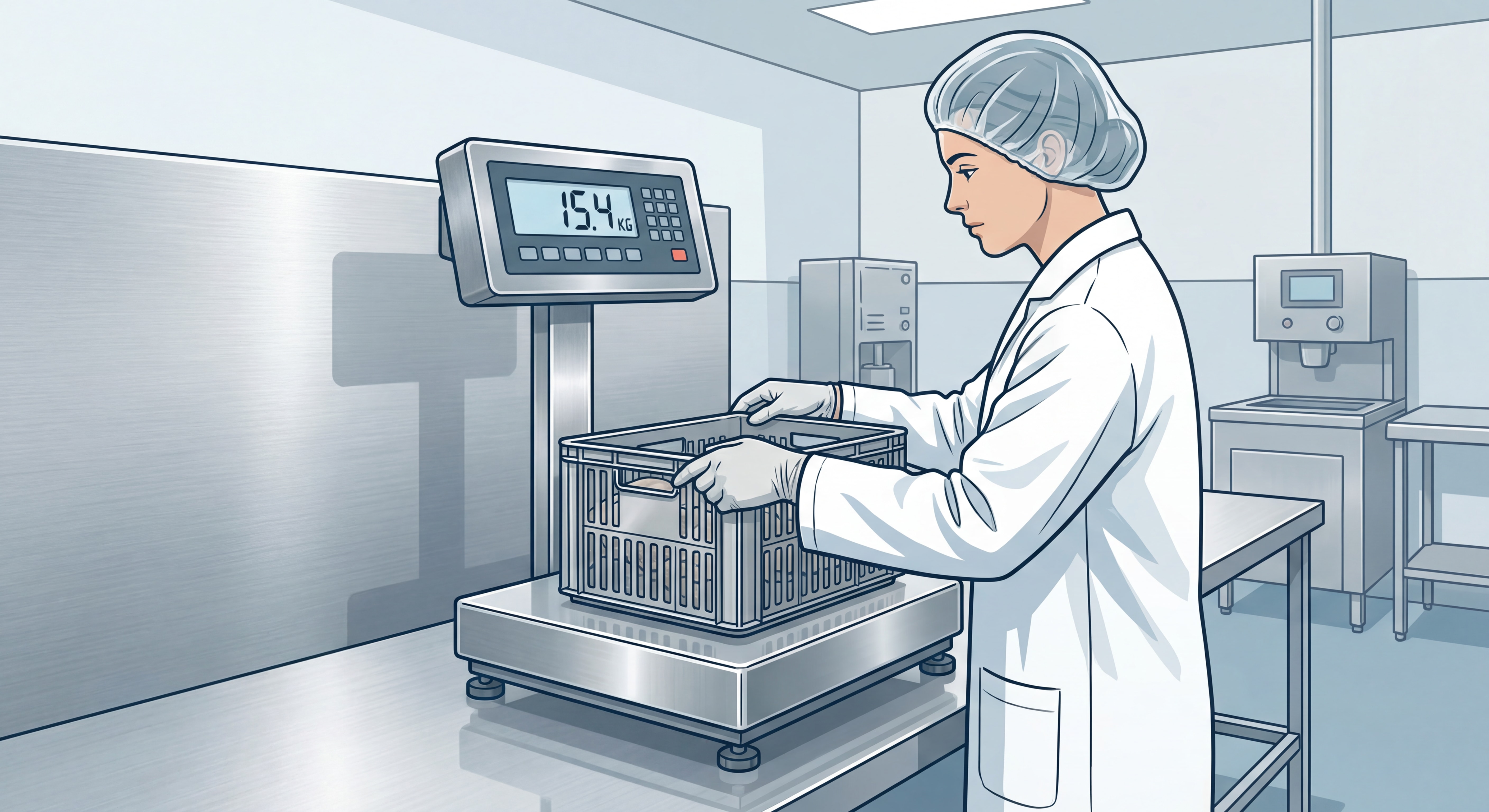 Professionnel utilisant une balance industrielle en inox dans un atelier agroalimentaire