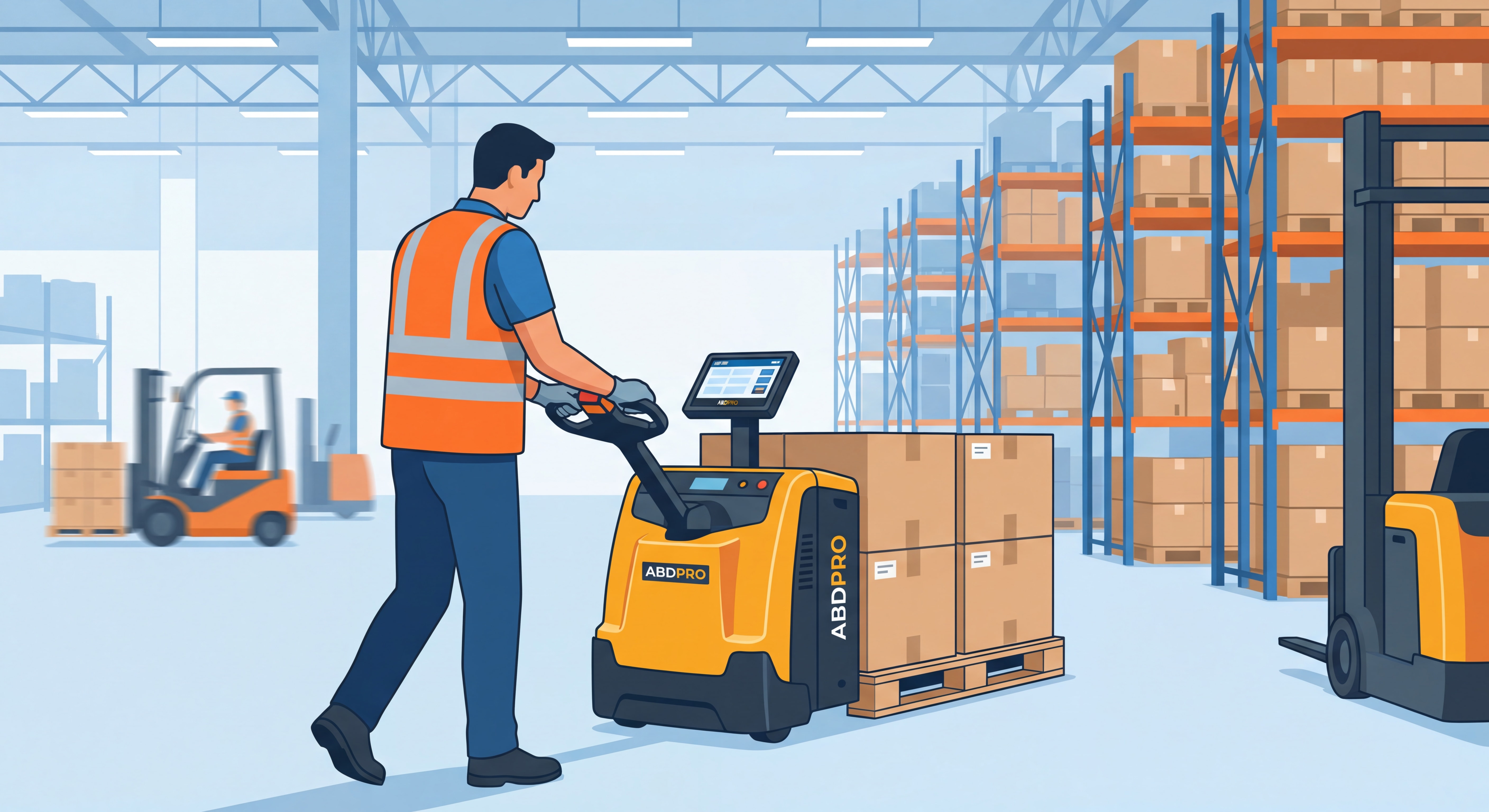 Opérateur logistique utilisant un transpalette peseur ABDPRO dans un entrepôt de distribution