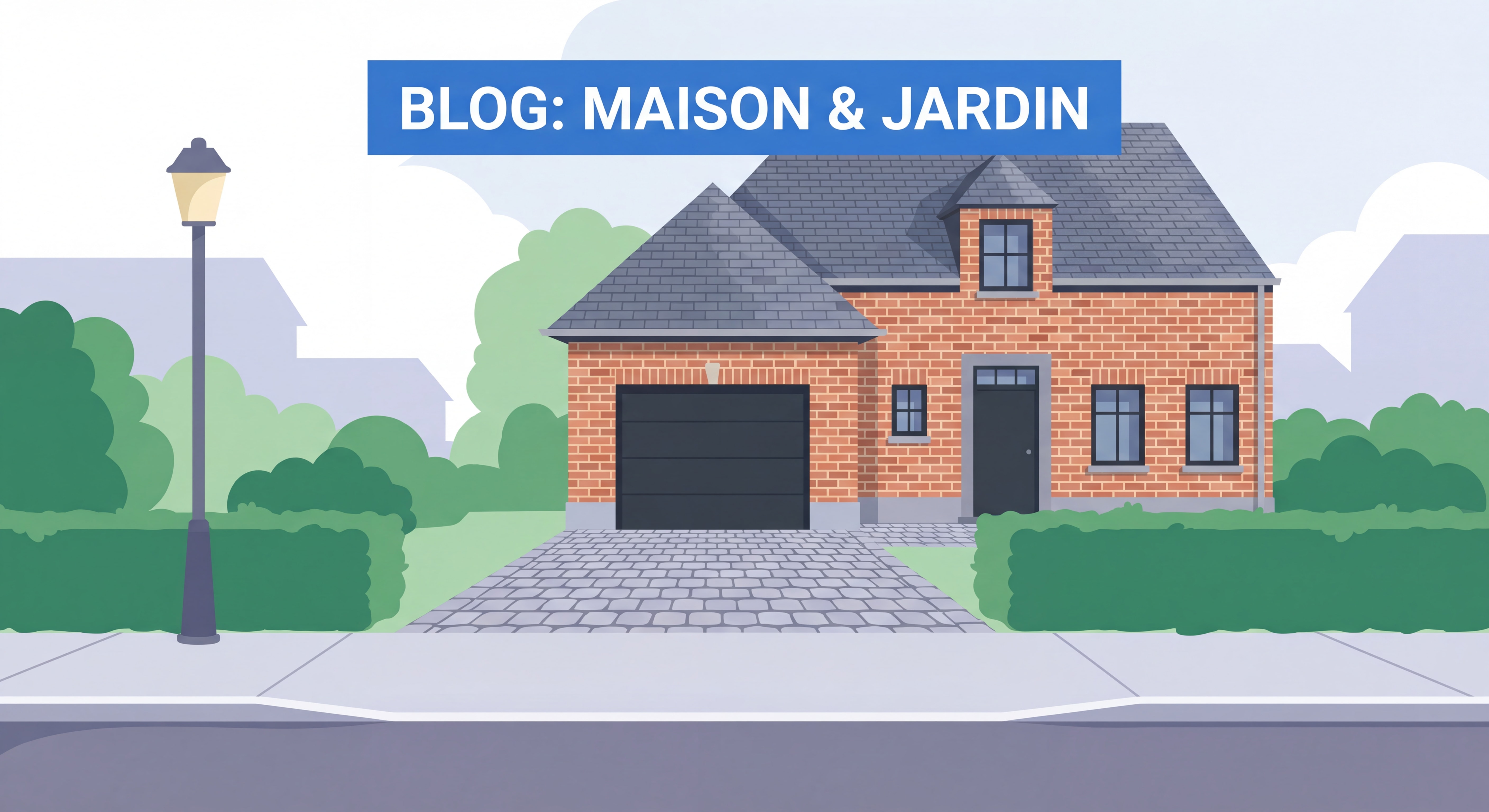 Allée en pavés devant une maison wallonne avec entrée de garage, vue depuis la rue