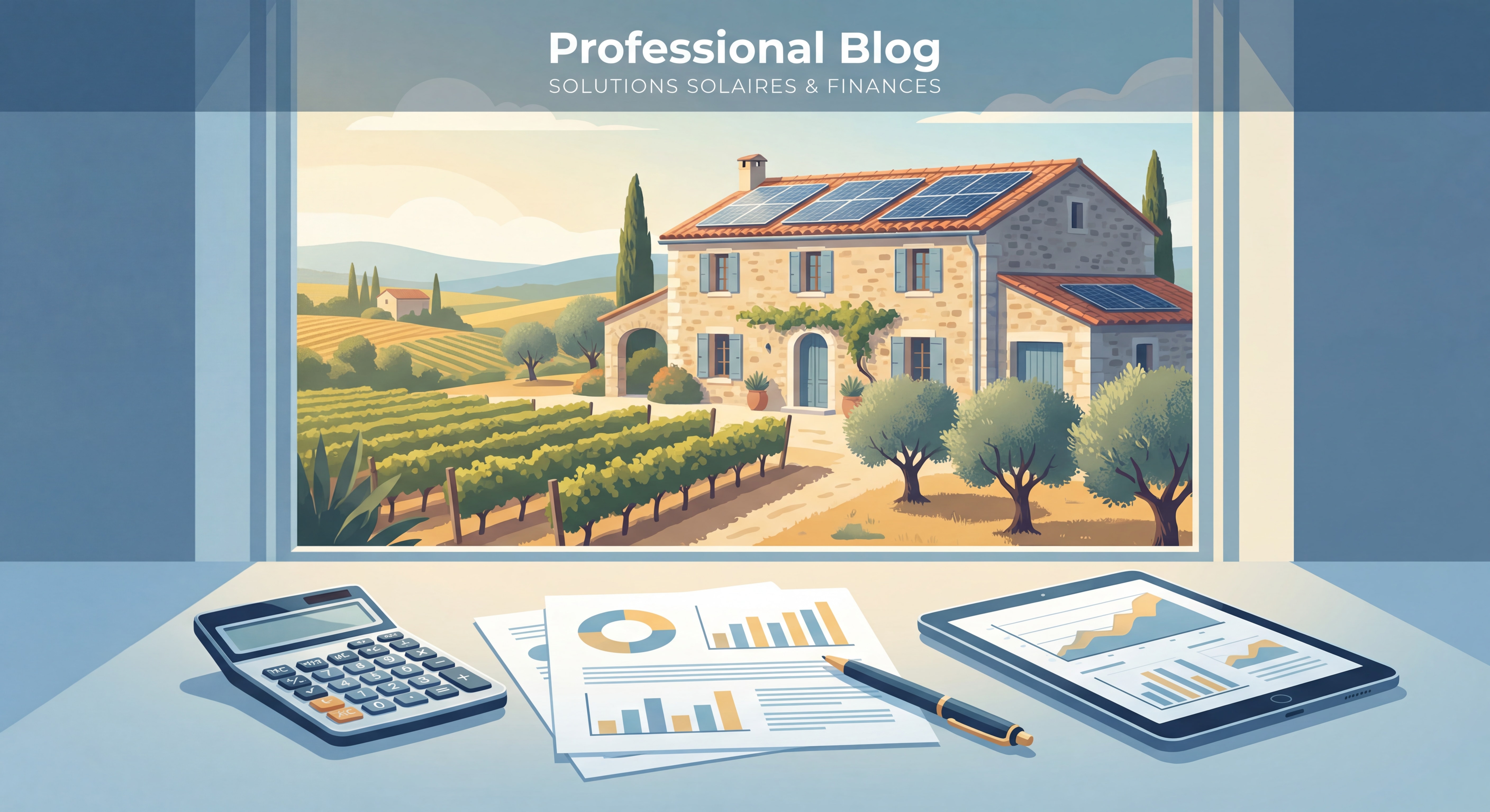 Calculatrice et documents financiers posés sur un bureau avec en arrière-plan une maison équipée de panneaux solaires dans un paysage provençal du Vaucluse
