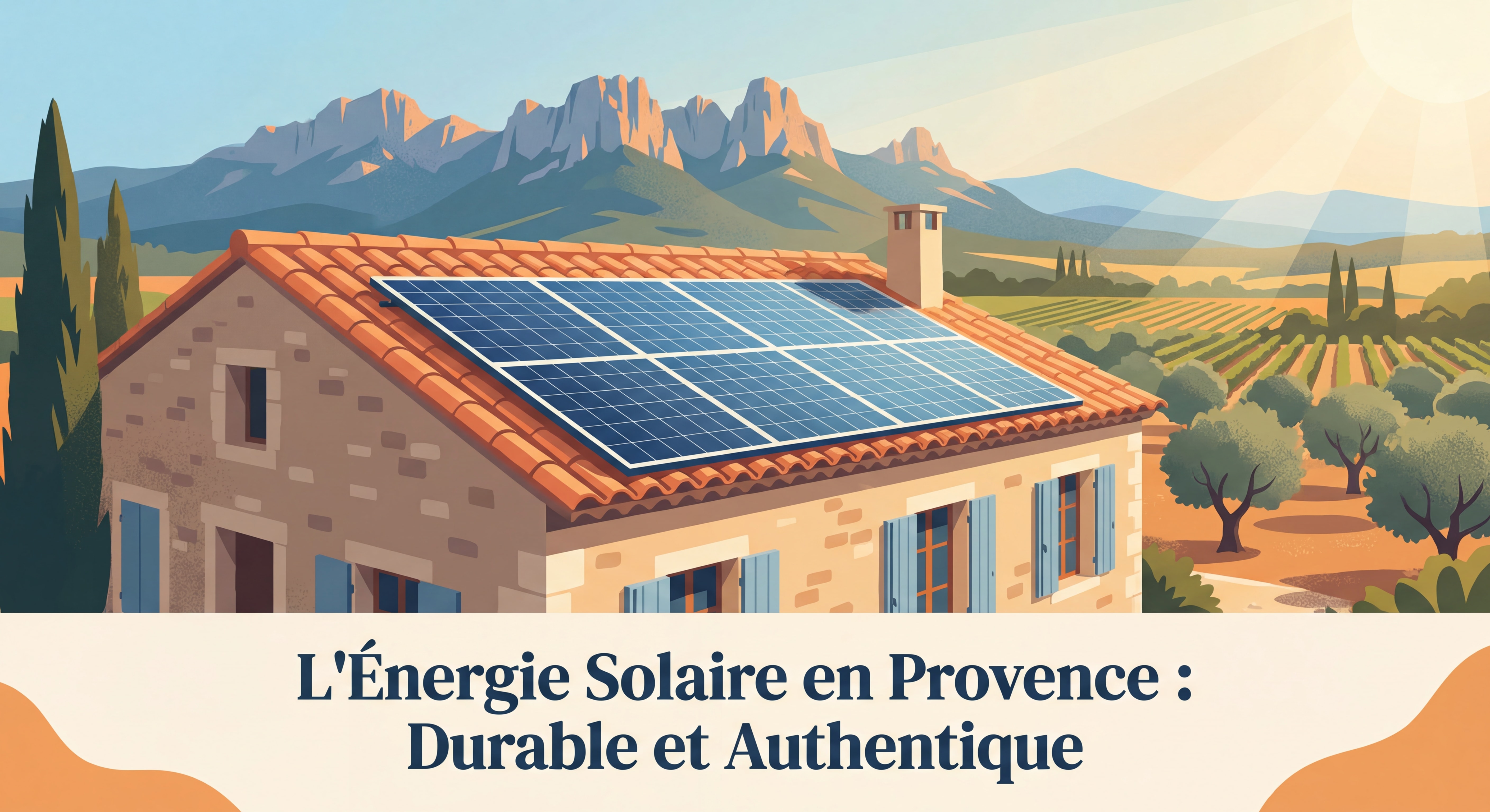 Panneaux solaires photovoltaïques installés sur une maison provençale sous le soleil du Vaucluse avec vue sur les Dentelles de Montmirail