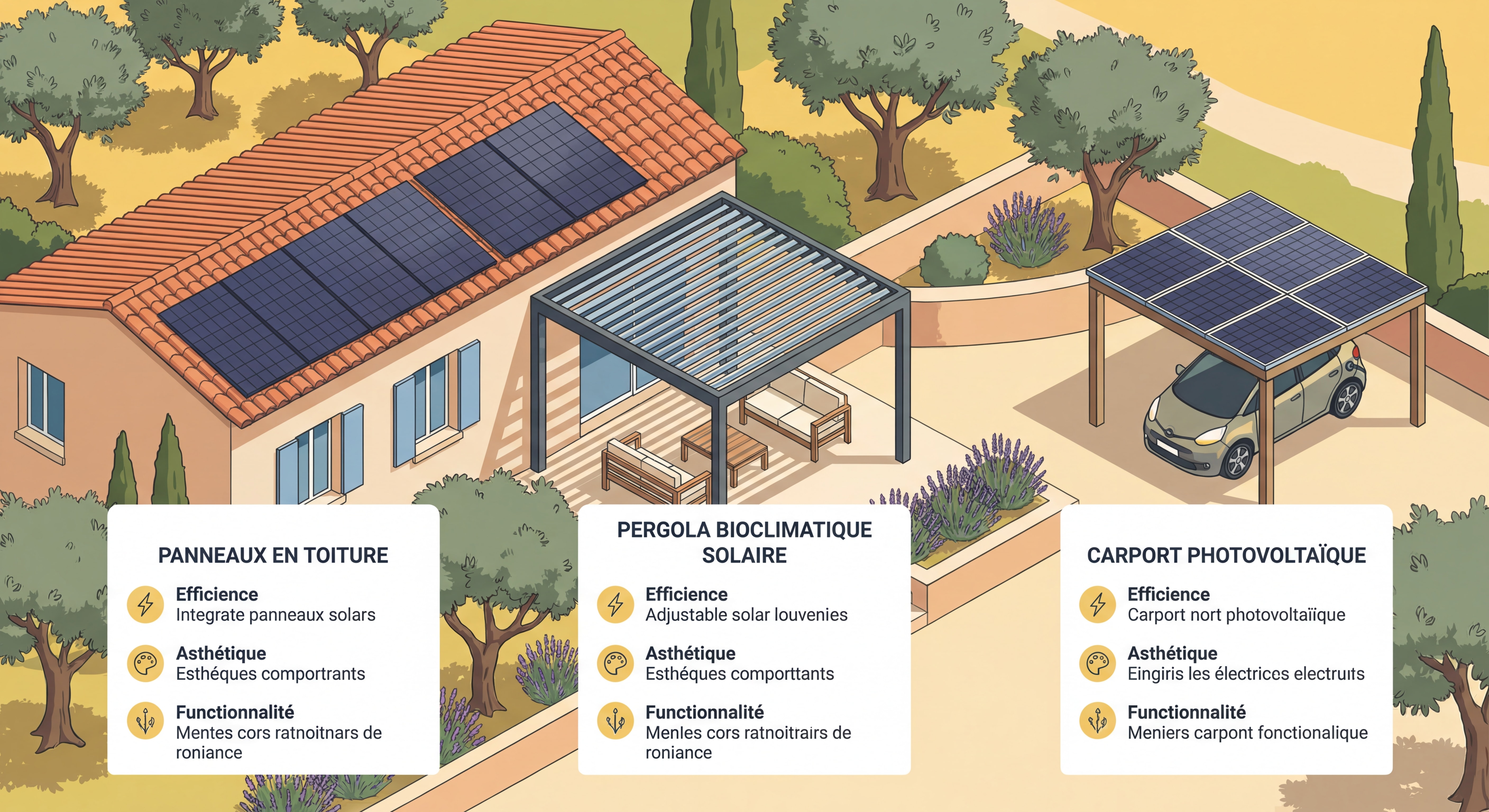 Comparaison des trois types d'installations solaires : panneaux en toiture, pergola bioclimatique solaire et carport photovoltaïque dans un jardin provençal