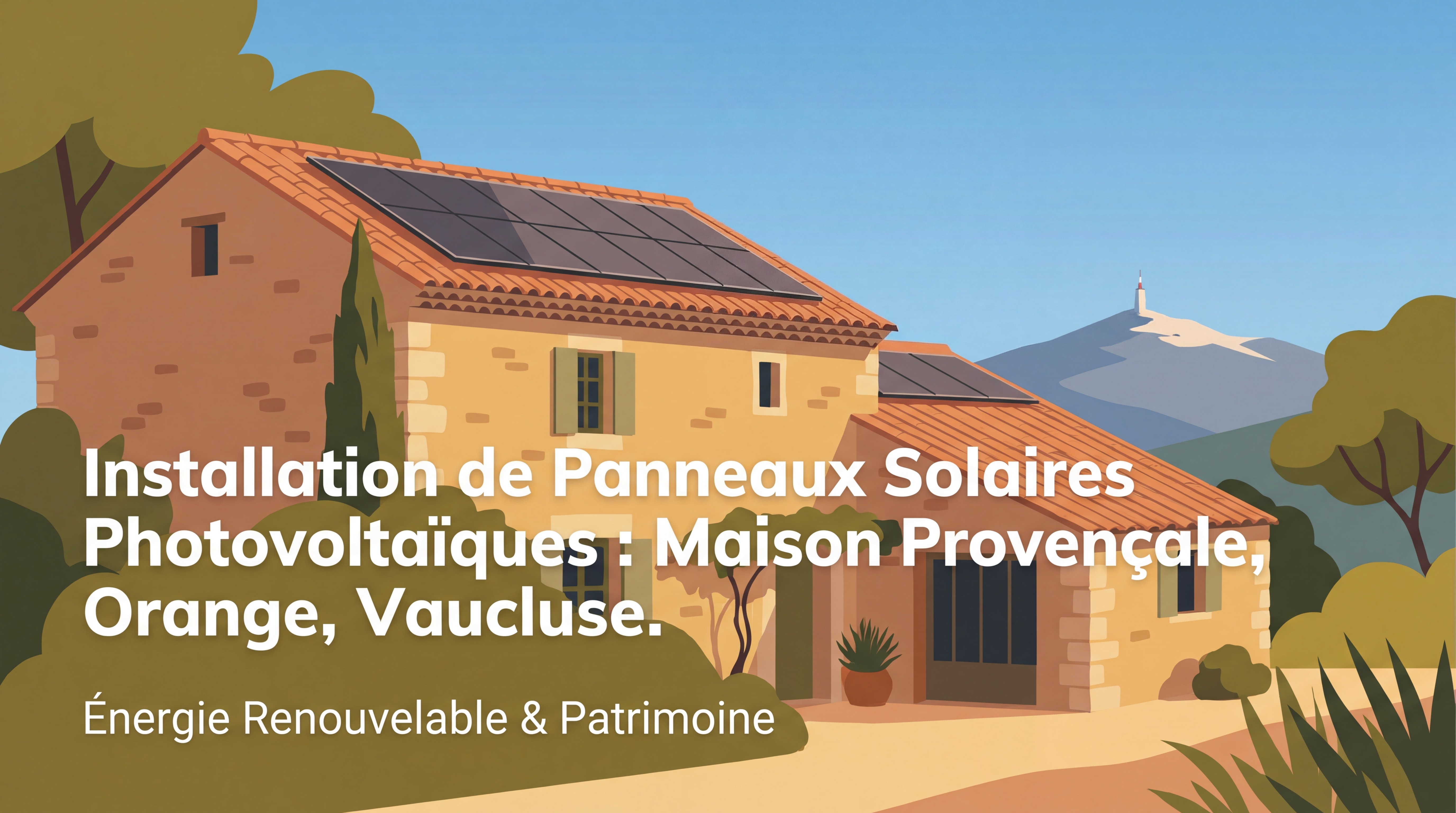 Installation de panneaux solaires photovoltaïques sur une maison provençale à Orange, Vaucluse, avec le Mont Ventoux en arrière-plan