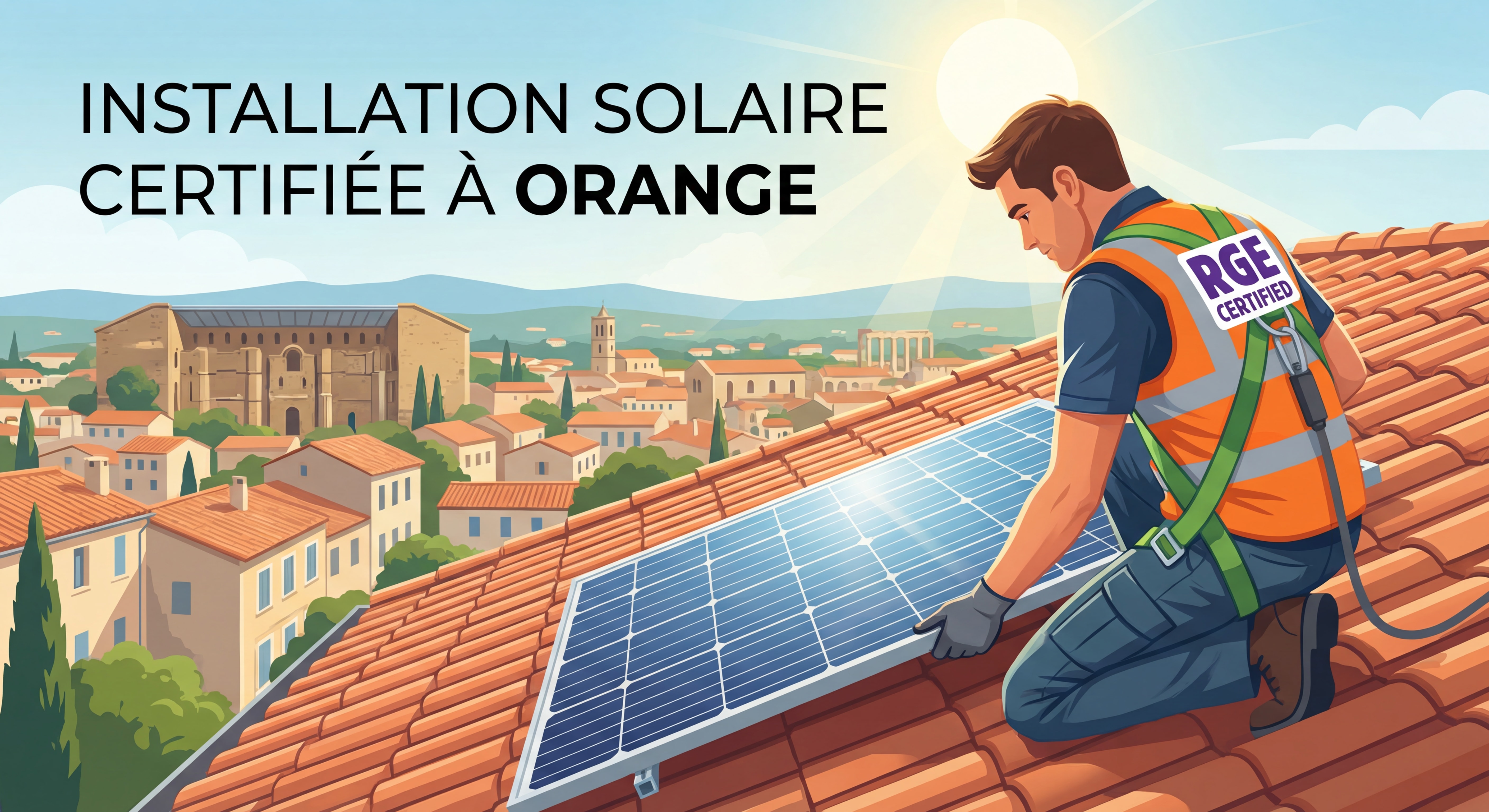 Technicien certifié RGE installant des panneaux solaires photovoltaïques sur une toiture à Orange, Vaucluse