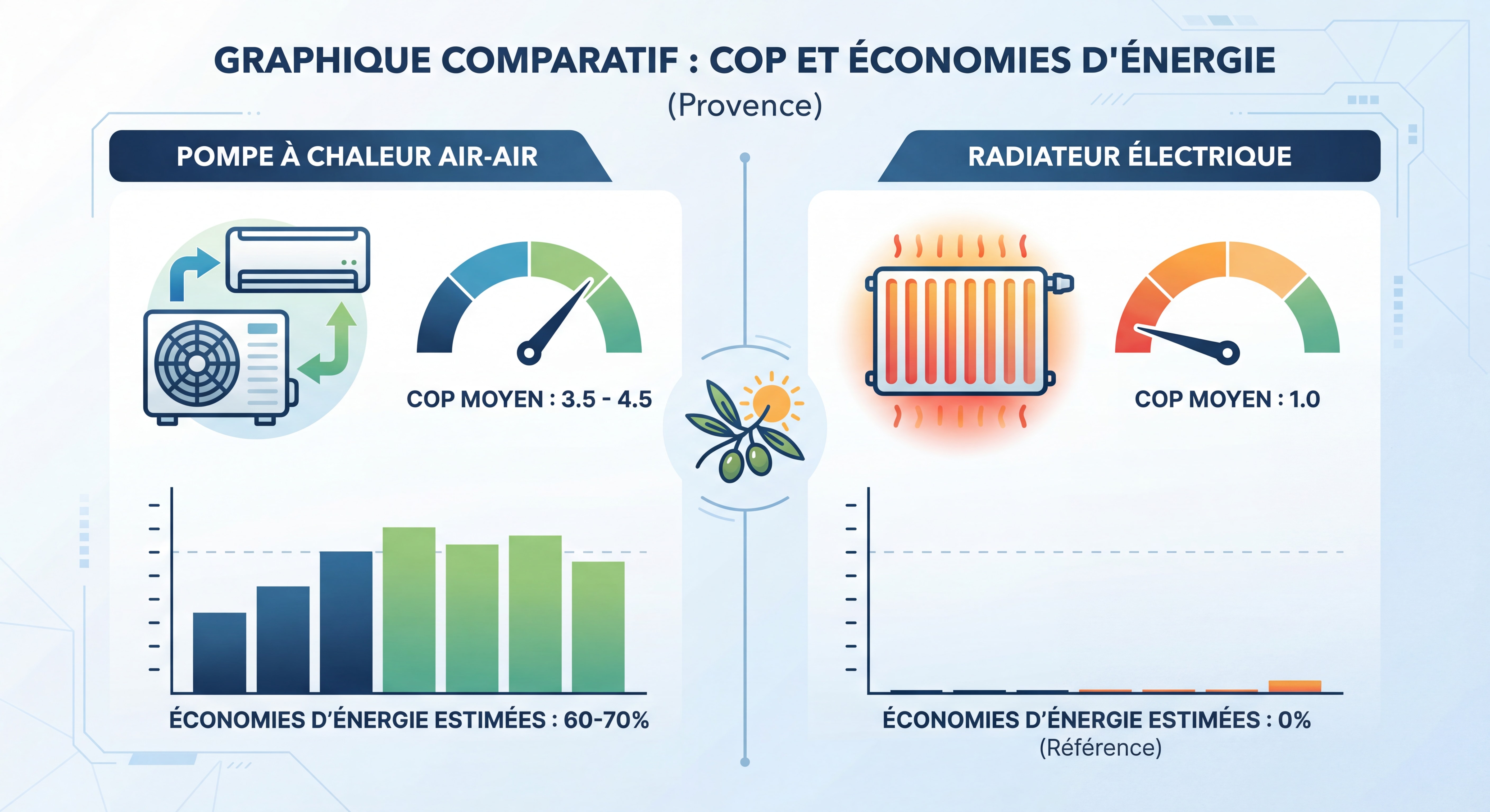 Graphique comparatif COP et économies d'énergie pompe à chaleur air air vs radiateur électrique en Provence
